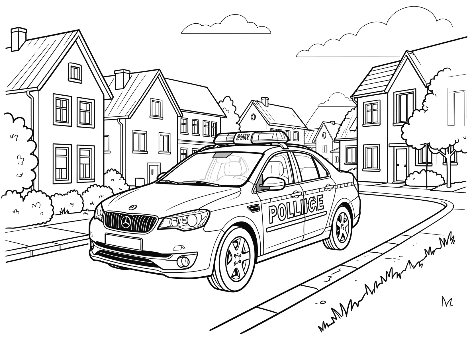 Ausmalbild Polizeiauto auf einer Straße mit Häusern - Ausmalbild aus der Kategorie Fahrzeuge - kostenlos ausdrucken