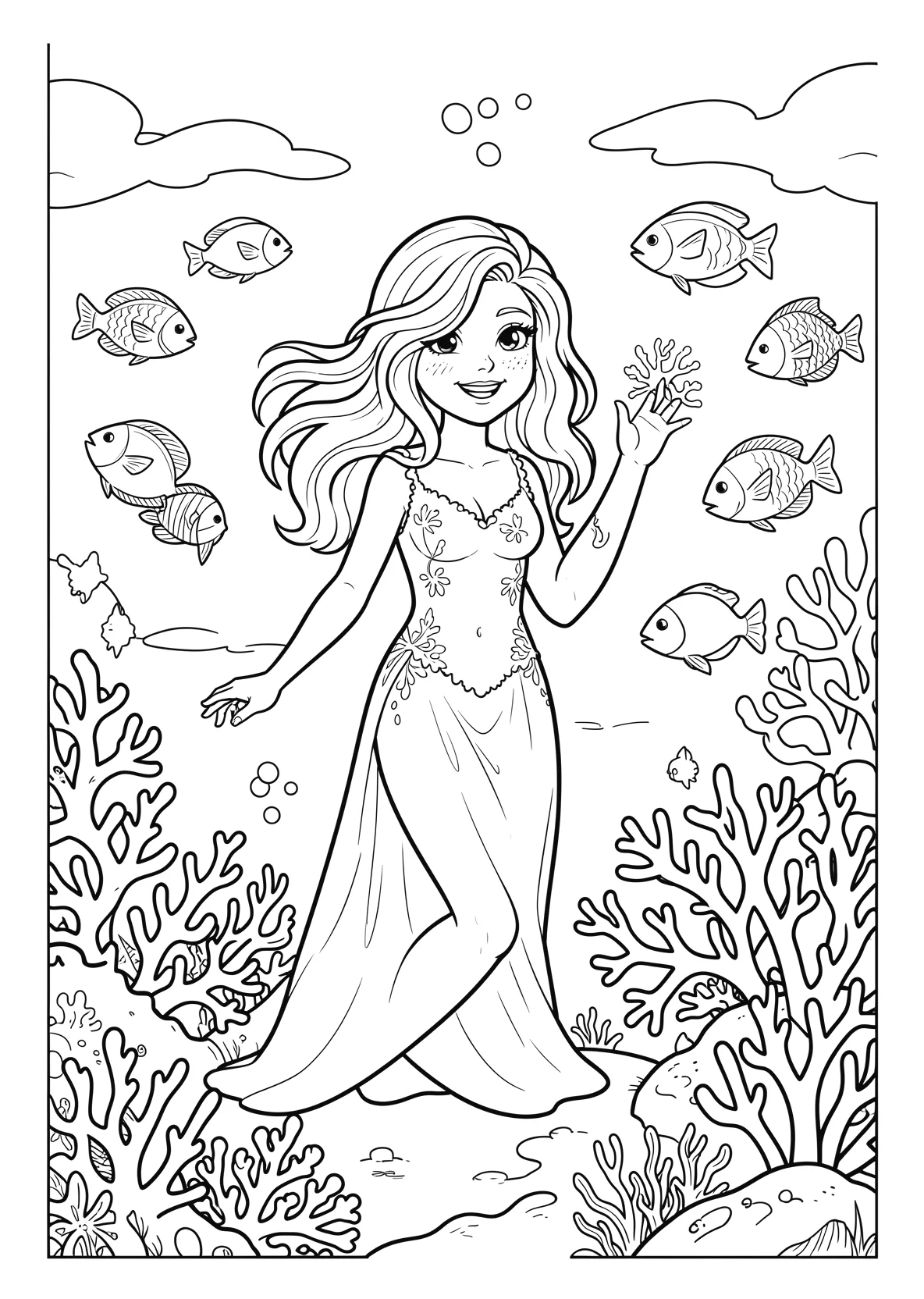 Ausmalbild Meerjungfrau im Meer mit Korallen und Fischen - Ausmalbild aus der Kategorie Maerchen - kostenlos ausdrucken