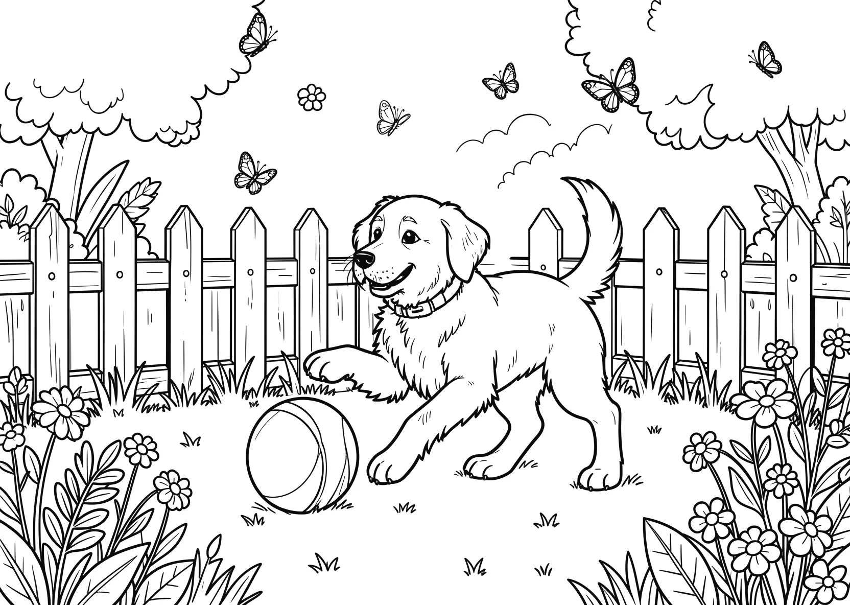 Ausmalbild Hund spielt mit einem Ball in einem Garten mit - Ausmalbild aus der Kategorie Tiere - kostenlos ausdrucken