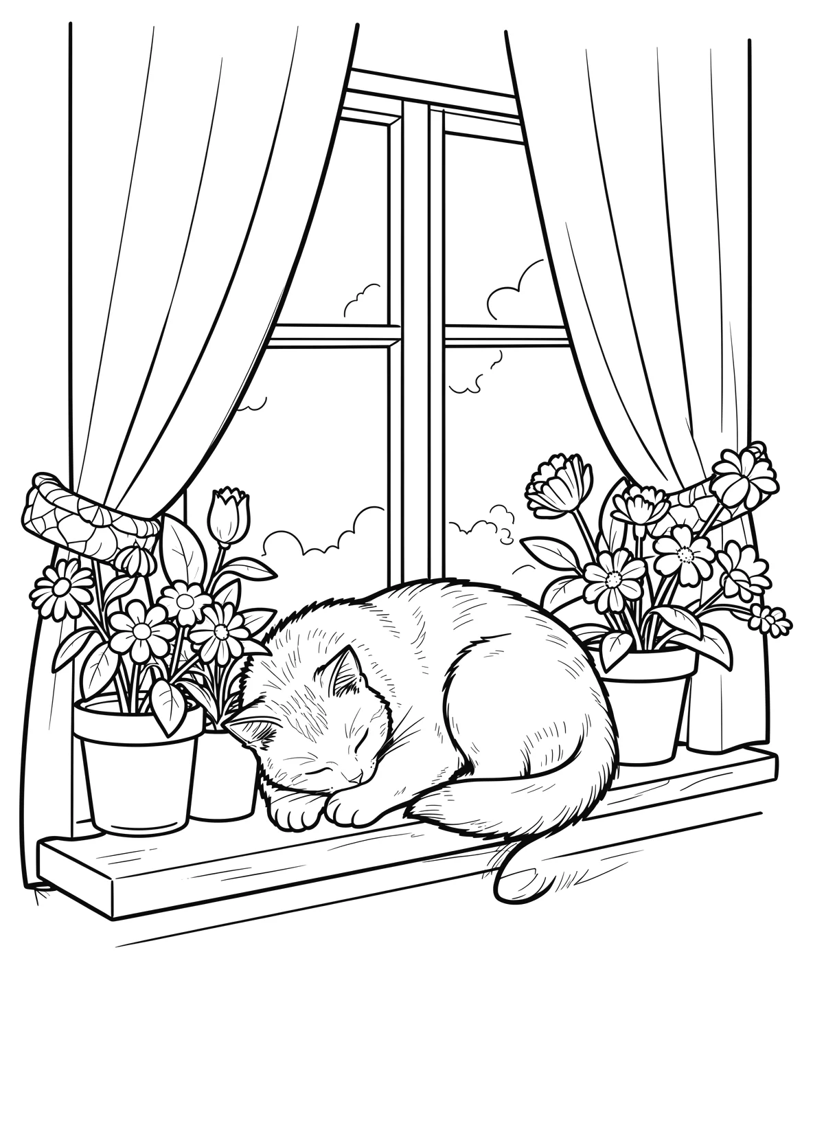 Ausmalbild Katze schläft auf einem Fensterbrett mit - Ausmalbild aus der Kategorie Tiere - kostenlos ausdrucken