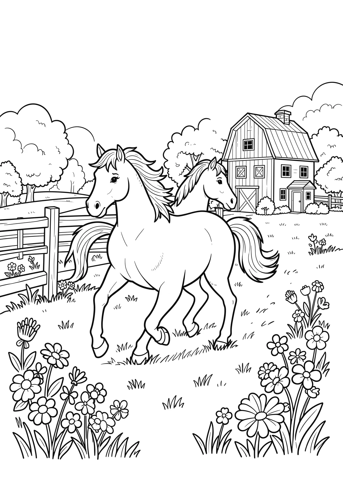 Ausmalbild Pferd läuft über eine Wiese mit Zaun - Ausmalbild aus der Kategorie Tiere - kostenlos ausdrucken