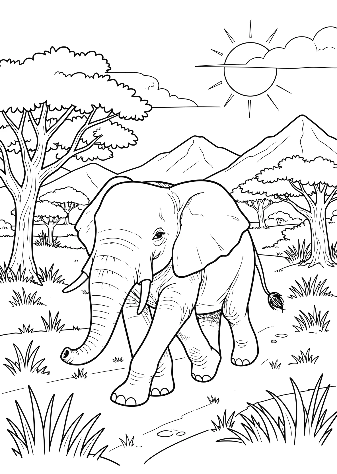 Ausmalbild Elefant läuft durch die Savanne mit Bäumen - Ausmalbild aus der Kategorie Tiere - kostenlos ausdrucken