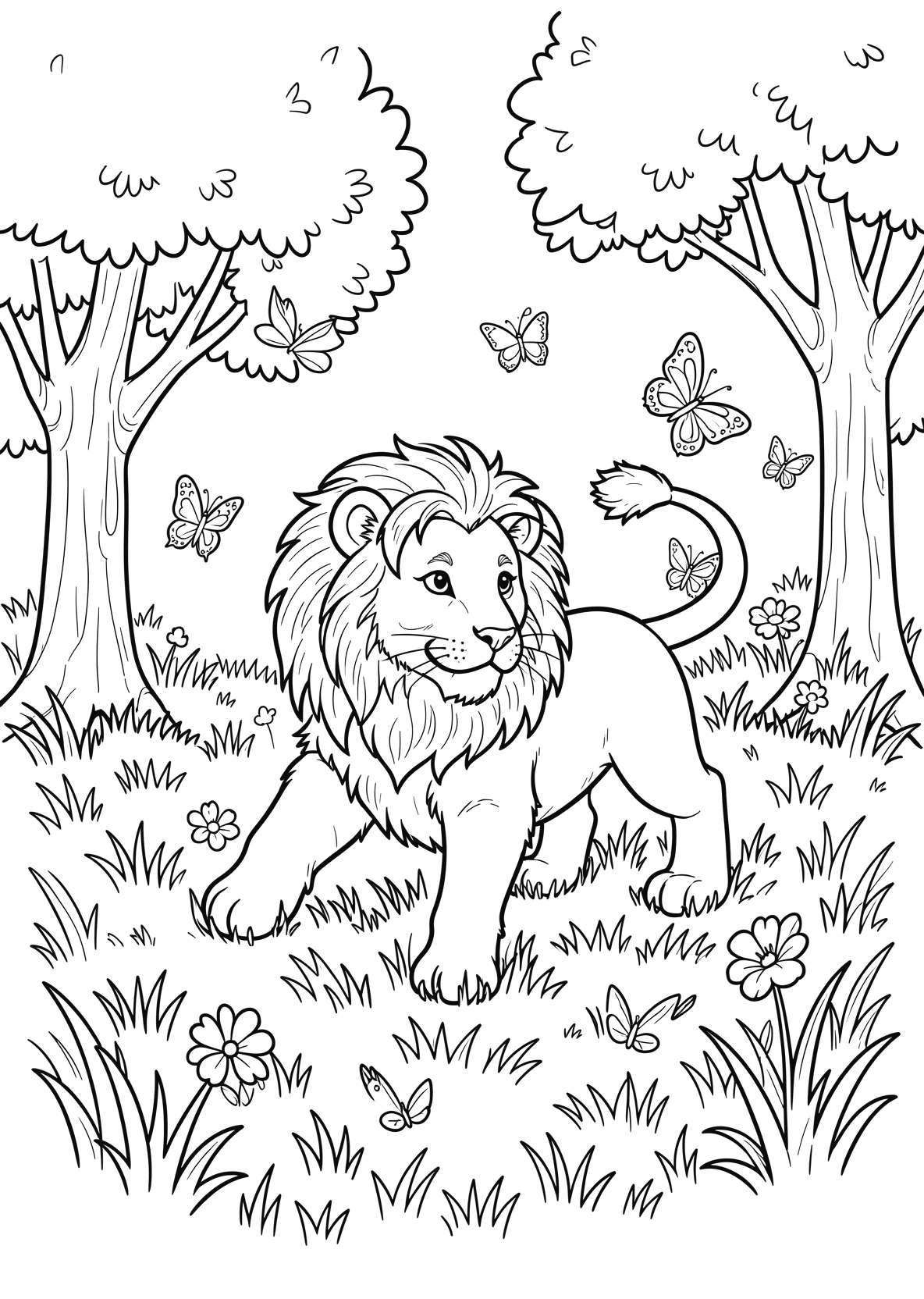 Ausmalbild Löwenjunges spielt im Gras mit Schmetterlingen - Ausmalbild aus der Kategorie Tiere - kostenlos ausdrucken