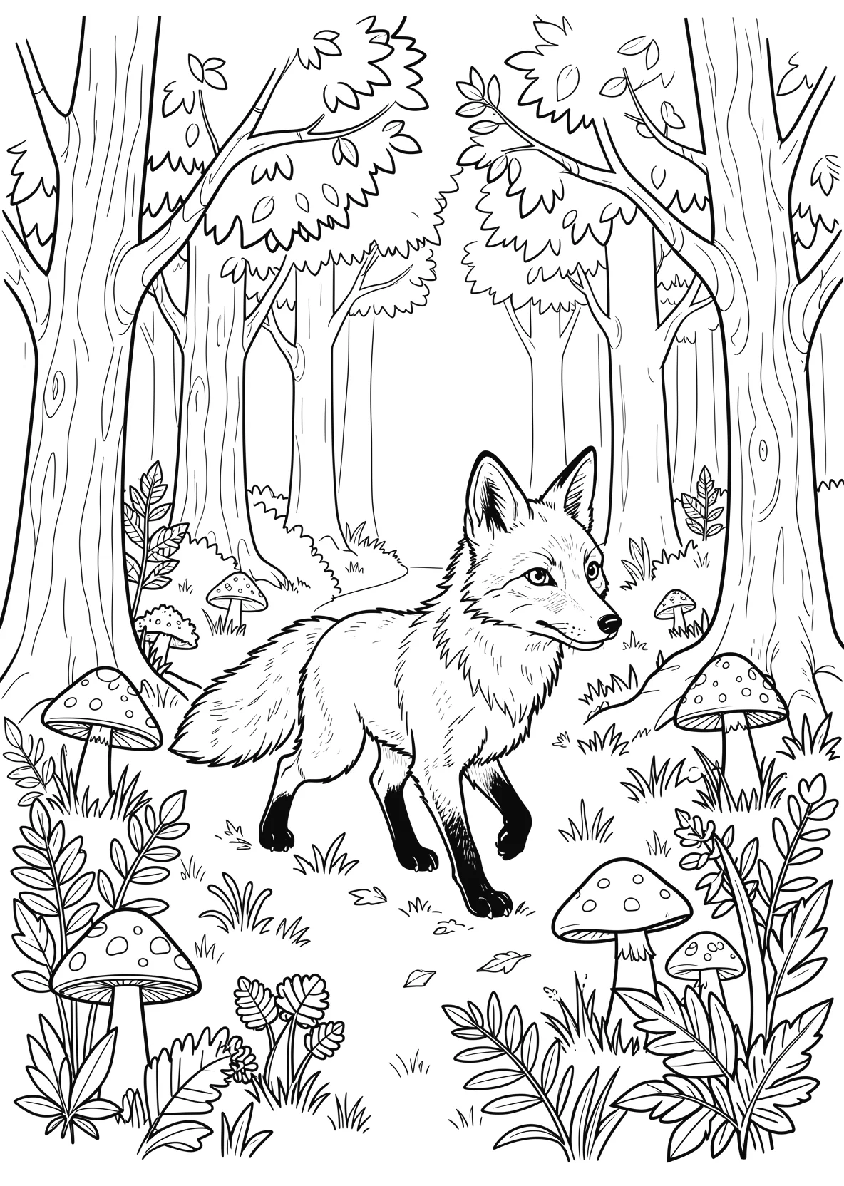 Ausmalbild Fuchs läuft durch einen Wald mit Pilzen - Ausmalbild aus der Kategorie Tiere - kostenlos ausdrucken
