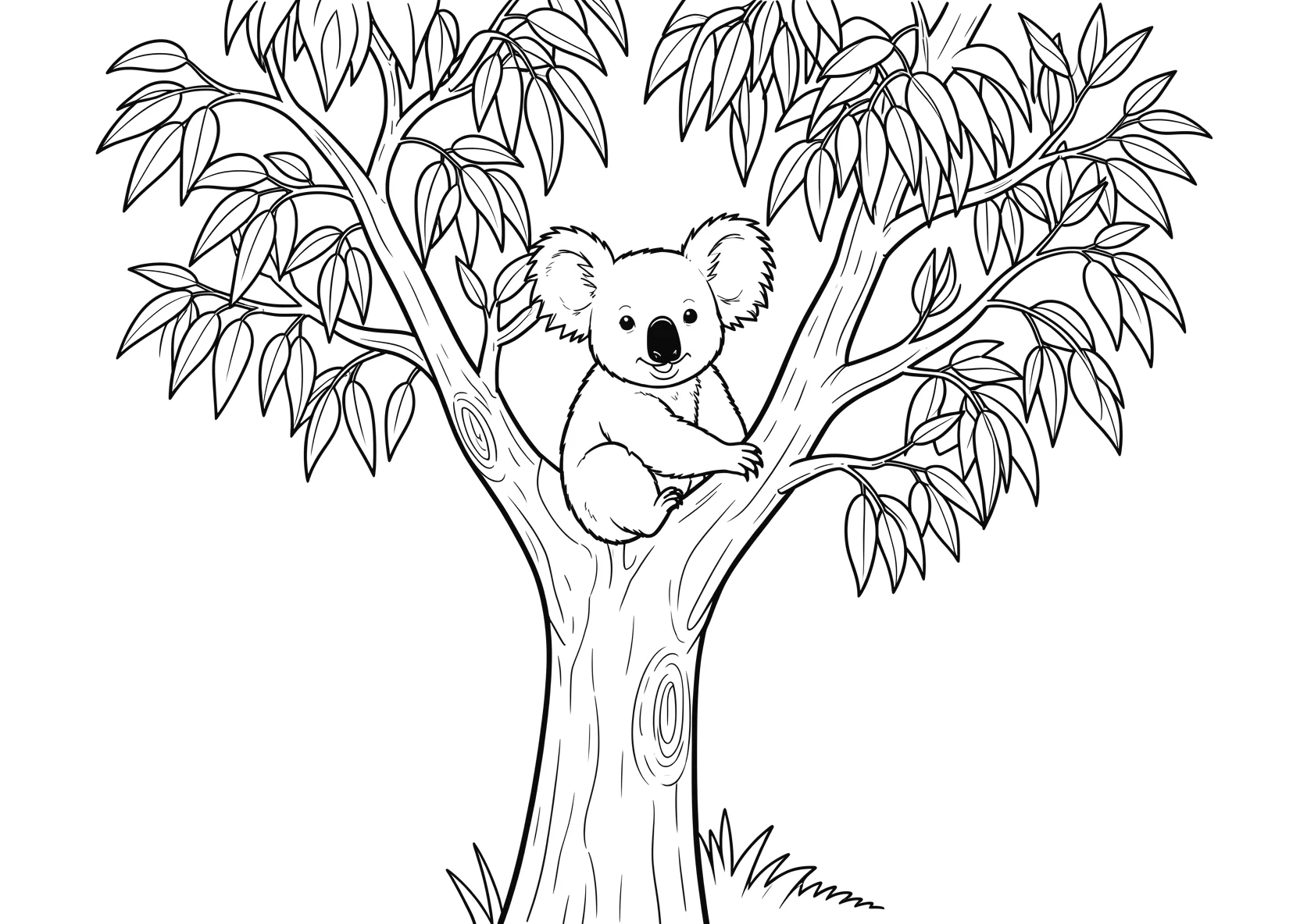 Ausmalbild Koala sitzt auf einem Eukalyptusbaum mit Blättern - Ausmalbild aus der Kategorie Tiere - kostenlos ausdrucken