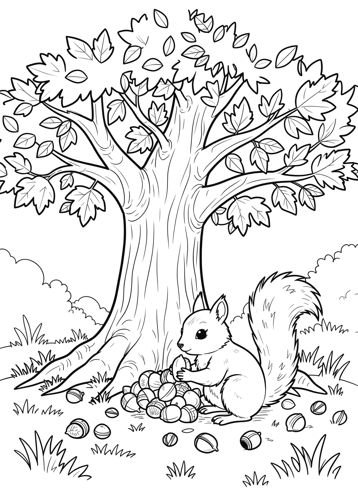 Ausmalbild Eichhörnchen sammelt Nüsse unter einem großen - Ausmalbild aus der Kategorie Natur - kostenlos ausdrucken