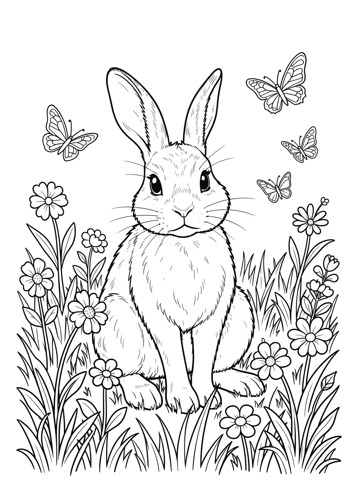 Ausmalbild Hase sitzt auf einer Wiese mit Blumen - Ausmalbild aus der Kategorie Tiere - kostenlos ausdrucken