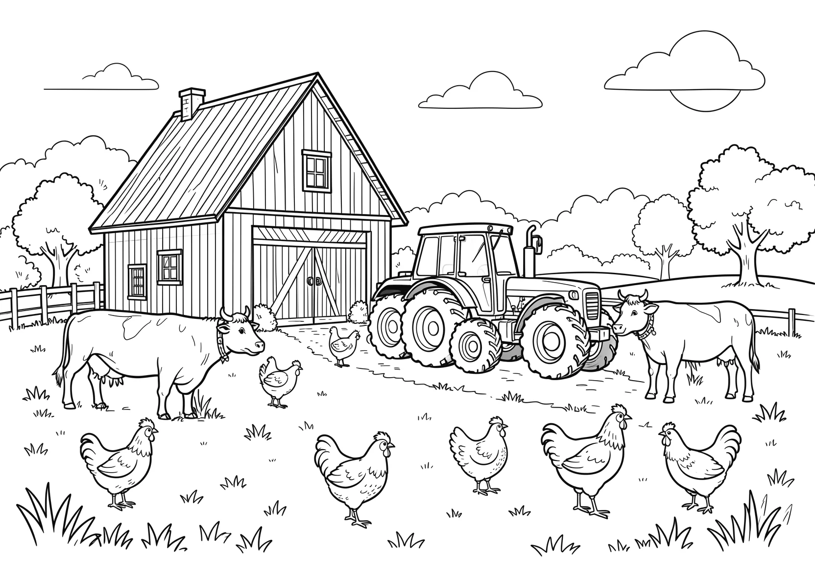 Ausmalbild Bauernhof mit Scheune - Ausmalbild aus der Kategorie Tiere - kostenlos ausdrucken