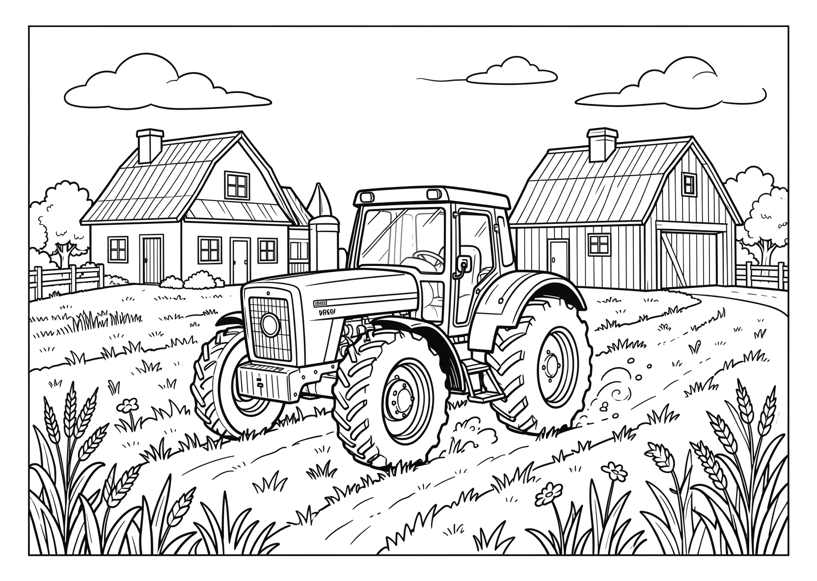 Ausmalbild Traktor fährt über ein Feld mit Bauernhaus - Ausmalbild aus der Kategorie Fahrzeuge - kostenlos ausdrucken
