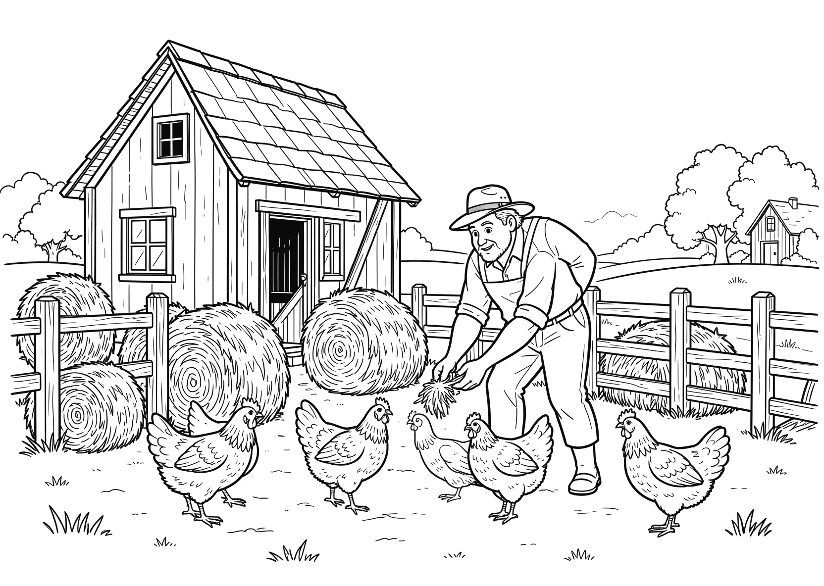 Ausmalbild Bauer füttert Hühner vor einer Scheune mit Zaun - Ausmalbild aus der Kategorie Tiere - kostenlos ausdrucken