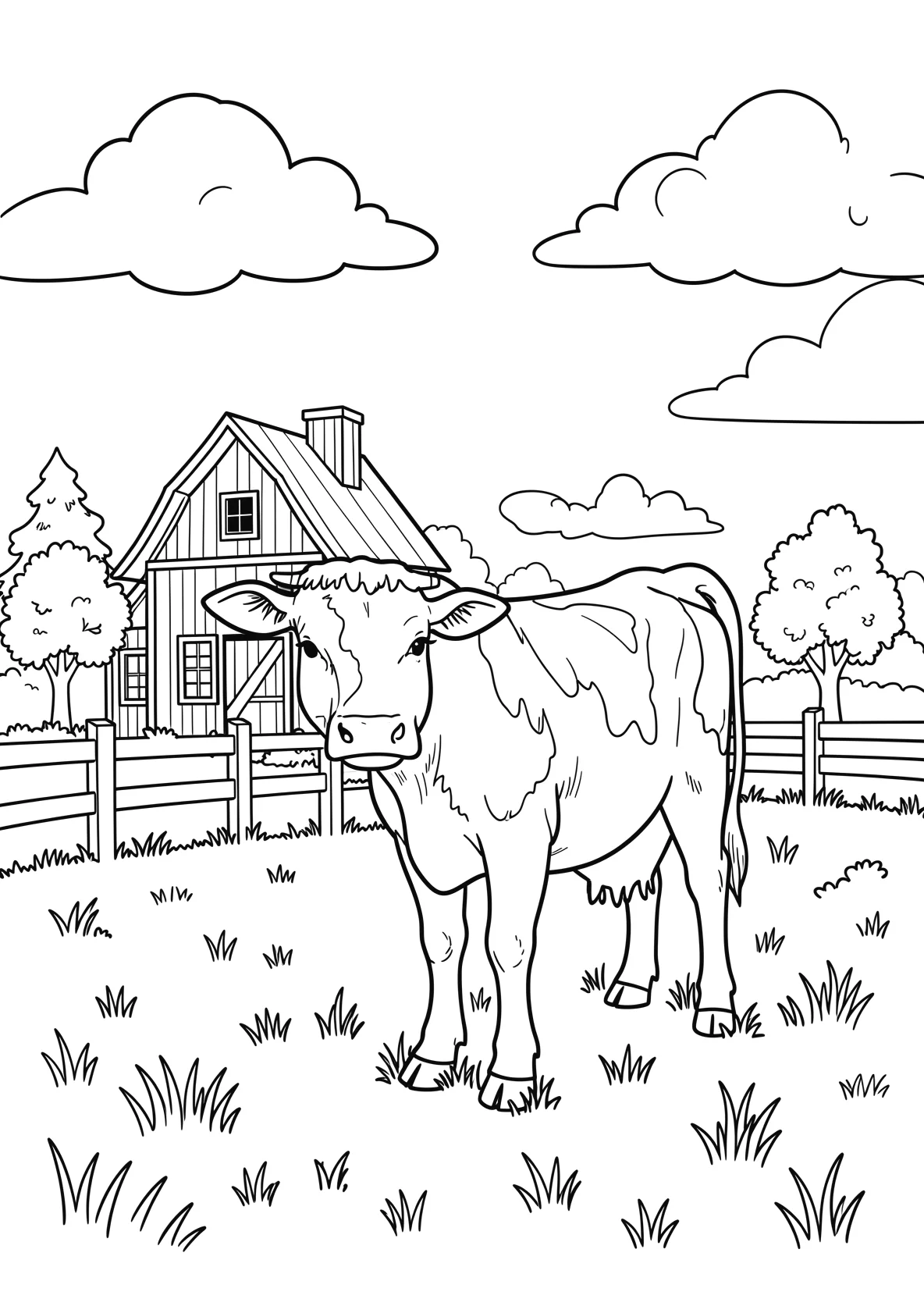 Ausmalbild Kuh steht auf einer Wiese mit Scheune - Ausmalbild aus der Kategorie Natur - kostenlos ausdrucken