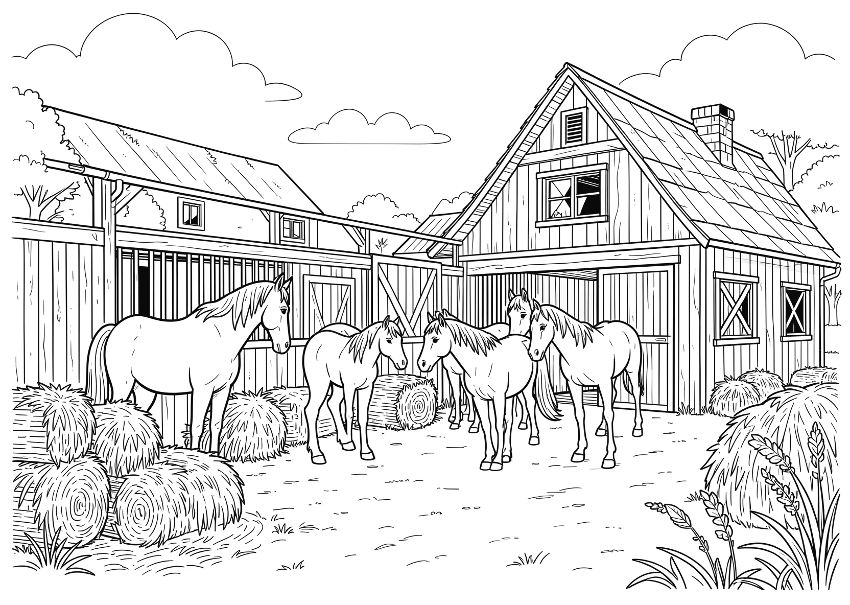Ausmalbild Pferdestall mit Pferden - Ausmalbild aus der Kategorie Tiere - kostenlos ausdrucken