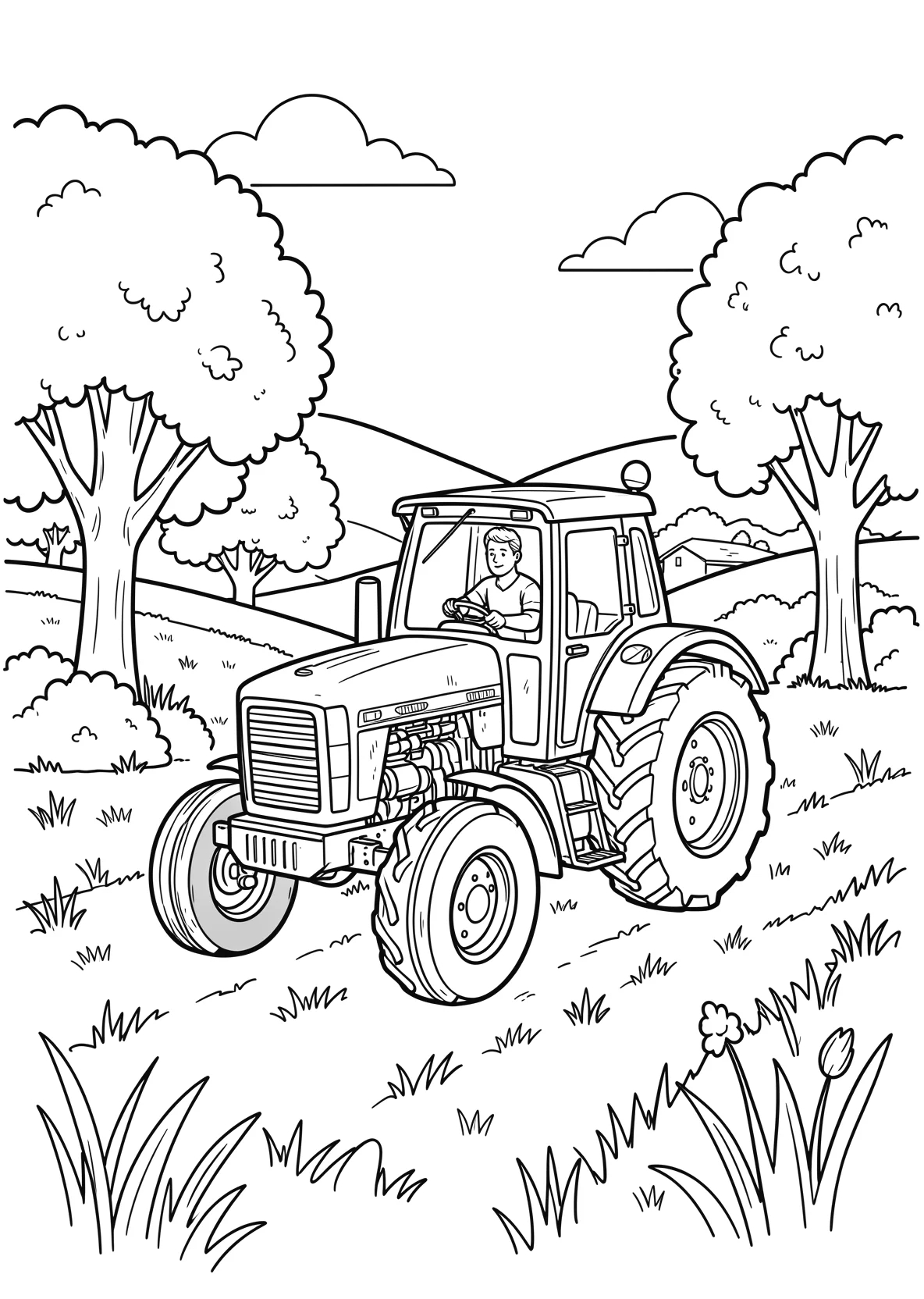 Ausmalbild Bauer fährt einen Traktor über ein Feld mit Bäumen - Ausmalbild aus der Kategorie Fahrzeuge - kostenlos ausdrucken