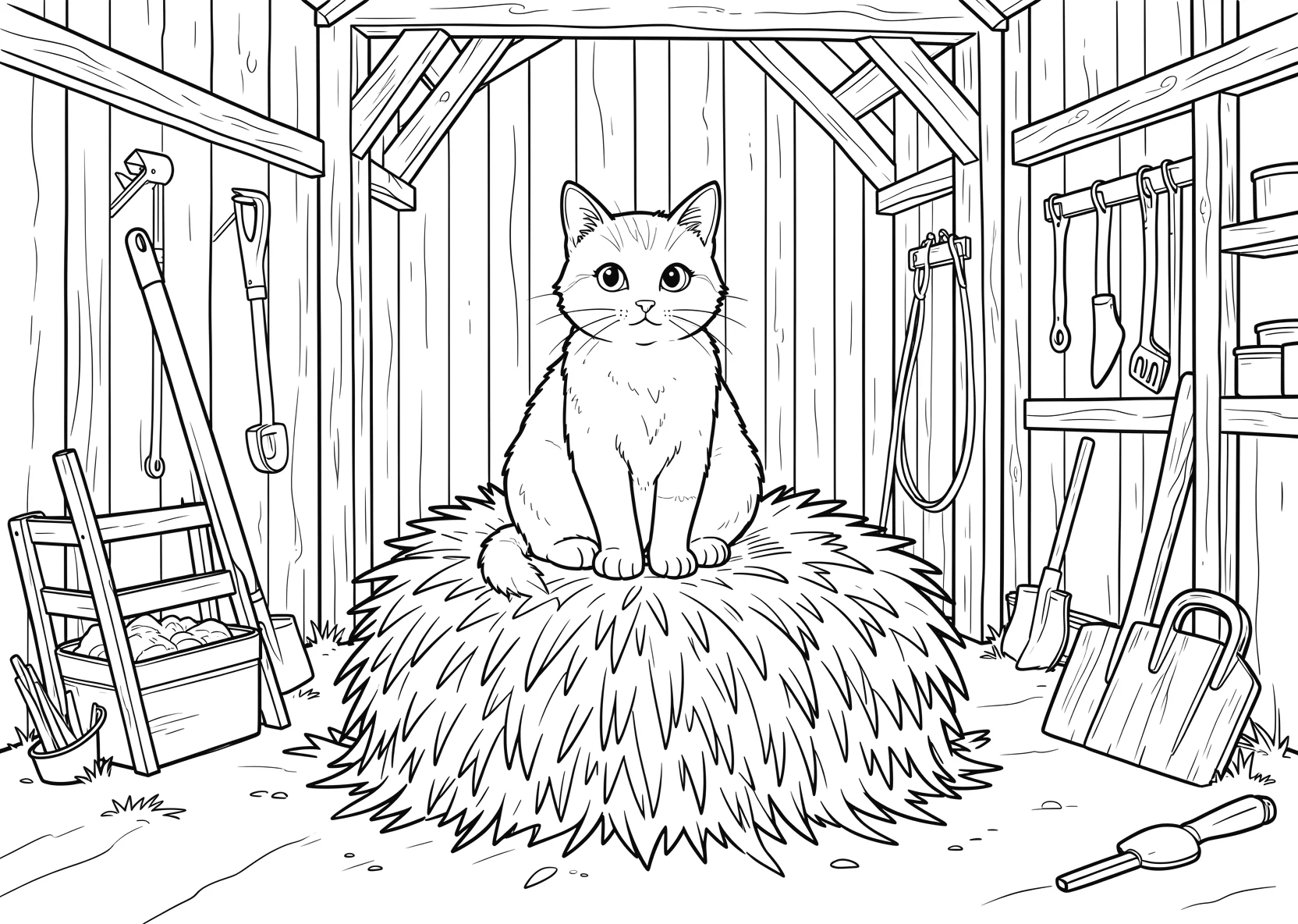 Ausmalbild Katze sitzt auf einem Heuballen in einer Scheune - Ausmalbild aus der Kategorie Tiere - kostenlos ausdrucken