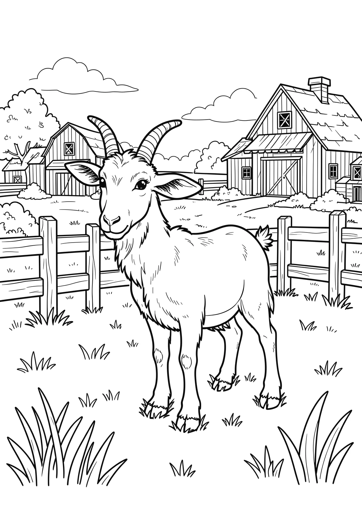 Ausmalbild Ziege steht auf einer Wiese mit Bauernhof - Ausmalbild aus der Kategorie Tiere - kostenlos ausdrucken