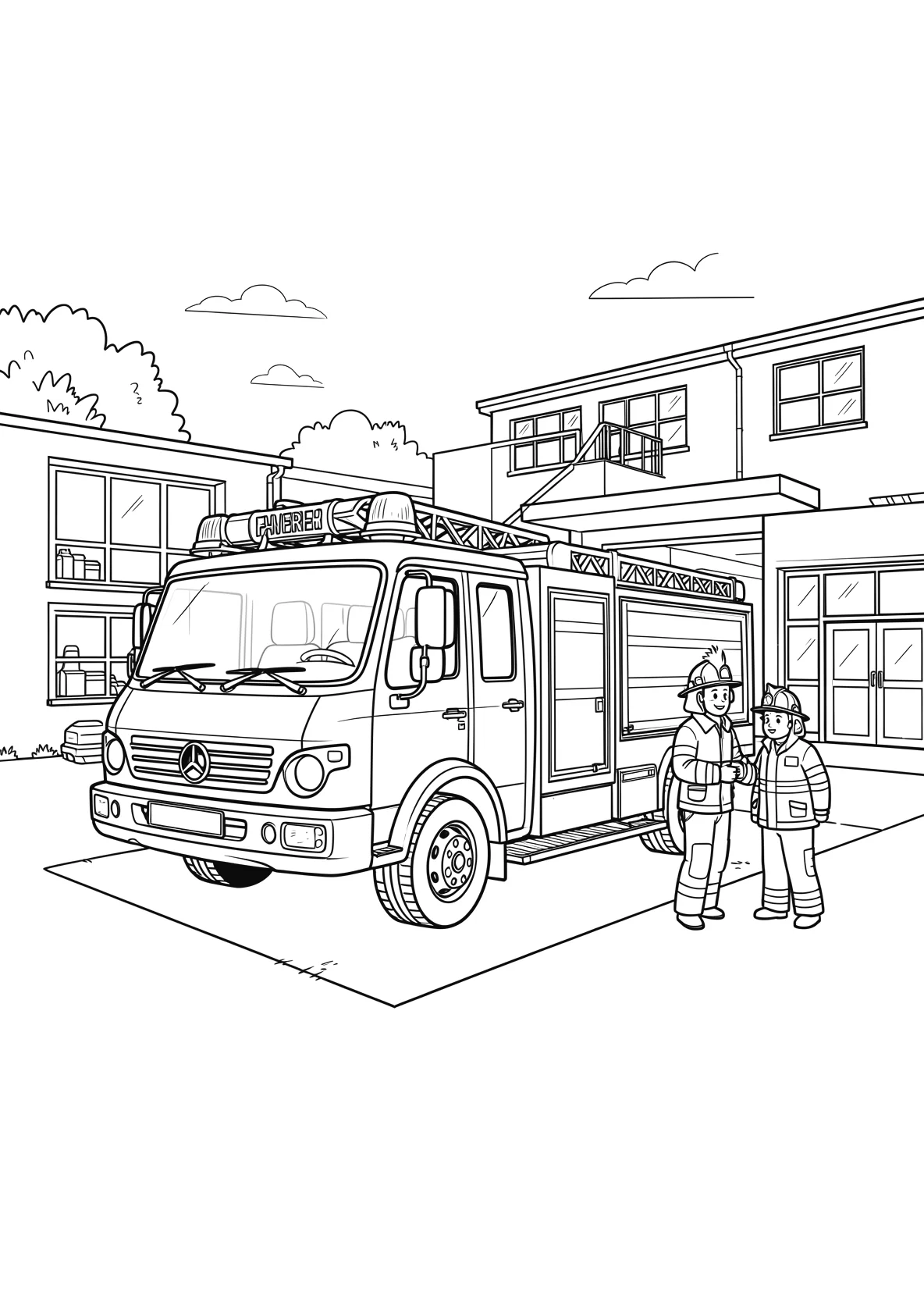 Ausmalbild Feuerwehrauto vor einer Feuerwehrstation mit - Ausmalbild aus der Kategorie Fahrzeuge - kostenlos ausdrucken