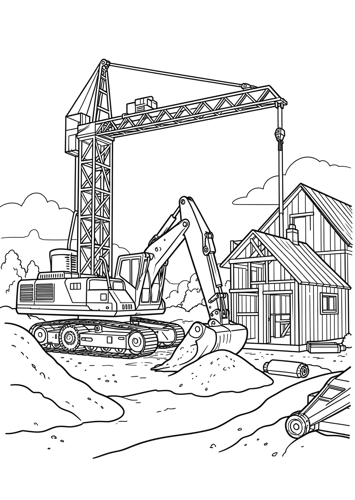 Ausmalbild Bagger arbeitet auf einer Baustelle mit Kran - Ausmalbild aus der Kategorie Berufe - kostenlos ausdrucken