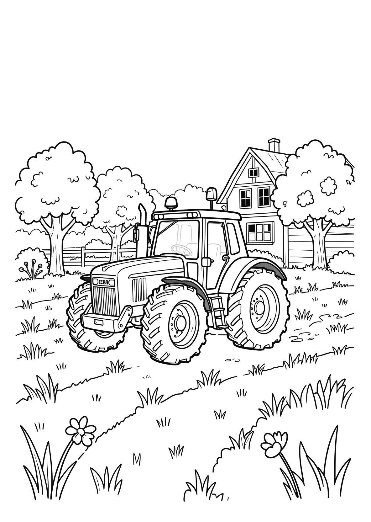 Ausmalbild Traktor fährt über ein Feld mit Scheune - Ausmalbild aus der Kategorie Fahrzeuge - kostenlos ausdrucken