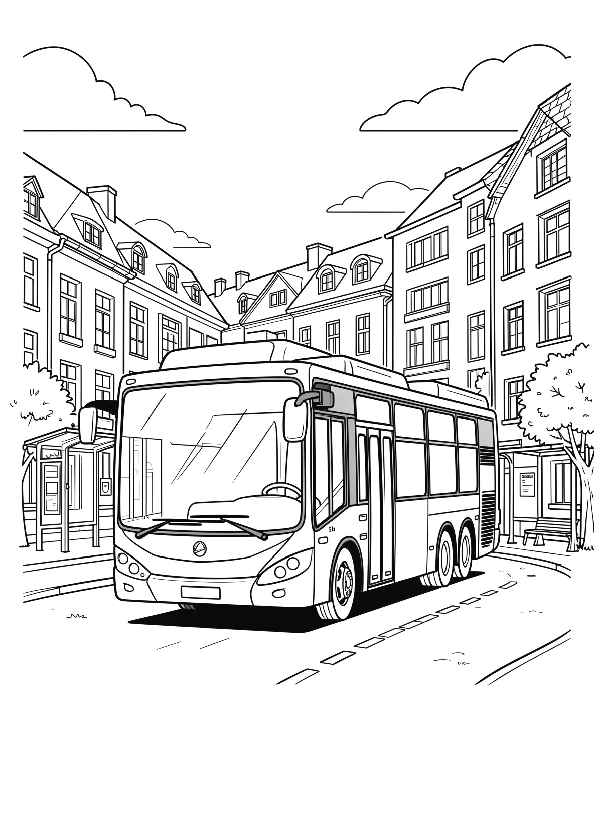 Ausmalbild Bus fährt durch eine Stadt mit Häusern - Ausmalbild aus der Kategorie Fahrzeuge - kostenlos ausdrucken