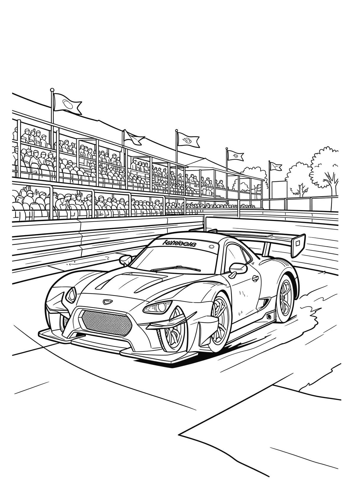 Ausmalbild Rennwagen fährt über eine Rennstrecke mit Tribüne - Ausmalbild aus der Kategorie Fahrzeuge - kostenlos ausdrucken