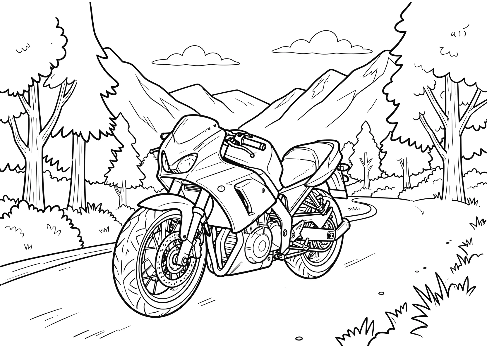 Ausmalbild Motorrad steht auf einer Straße mit Bergen - Ausmalbild aus der Kategorie Fahrzeuge - kostenlos ausdrucken