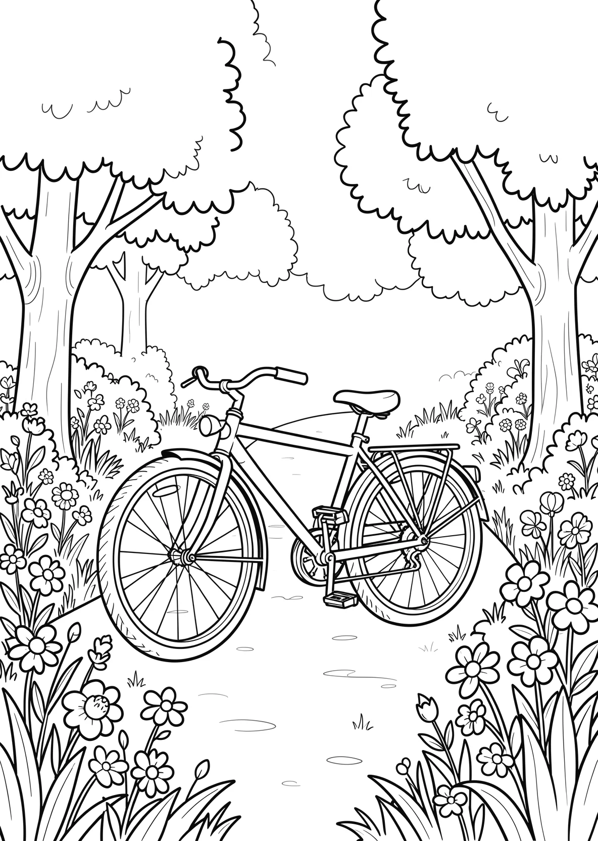 Ausmalbild Fahrrad steht in einem Park mit Blumen - Ausmalbild aus der Kategorie Fahrzeuge - kostenlos ausdrucken