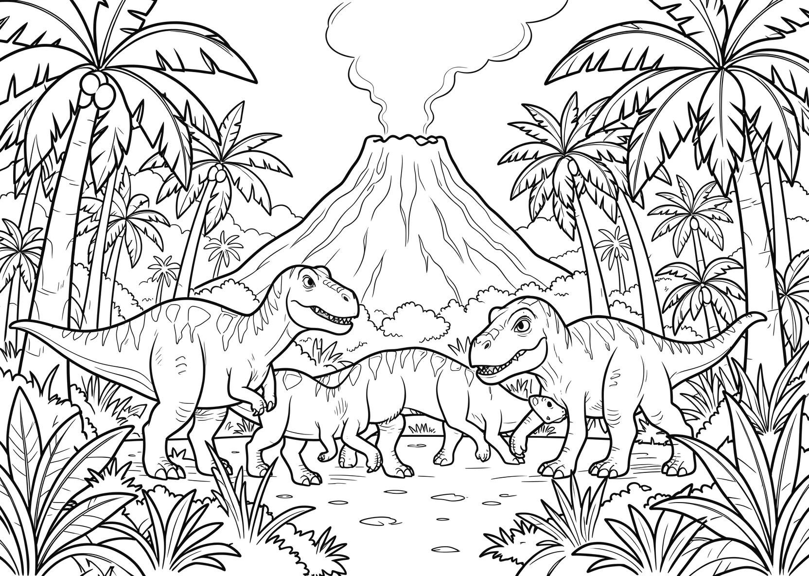 Ausmalbild Mehrere Dinosaurier laufen durch einen Urwald mit - Ausmalbild aus der Kategorie Tiere - kostenlos ausdrucken