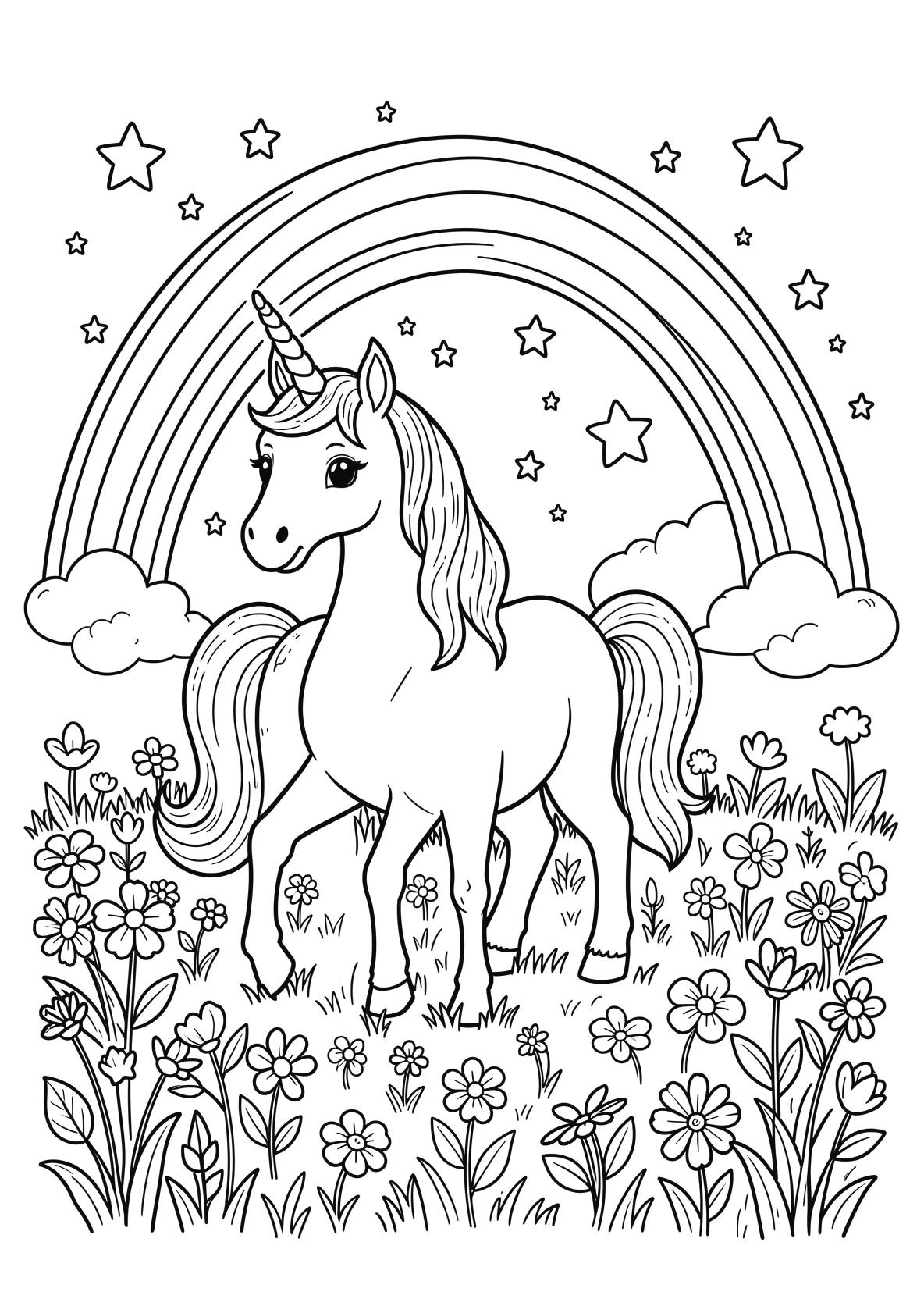 Ausmalbild Einhorn steht auf einer Blumenwiese mit Regenbogen - Ausmalbild aus der Kategorie Natur - kostenlos ausdrucken