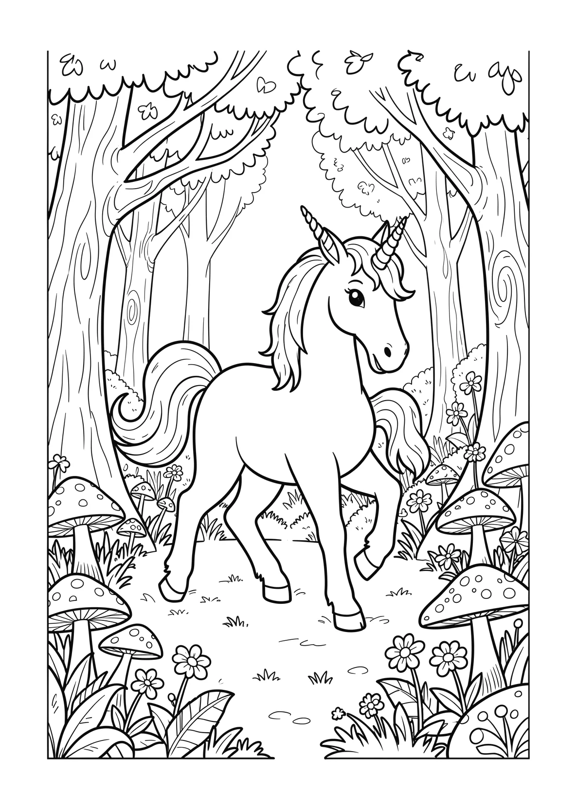 Ausmalbild Einhorn läuft durch einen Zauberwald mit Pilzen - Ausmalbild aus der Kategorie Maerchen - kostenlos ausdrucken