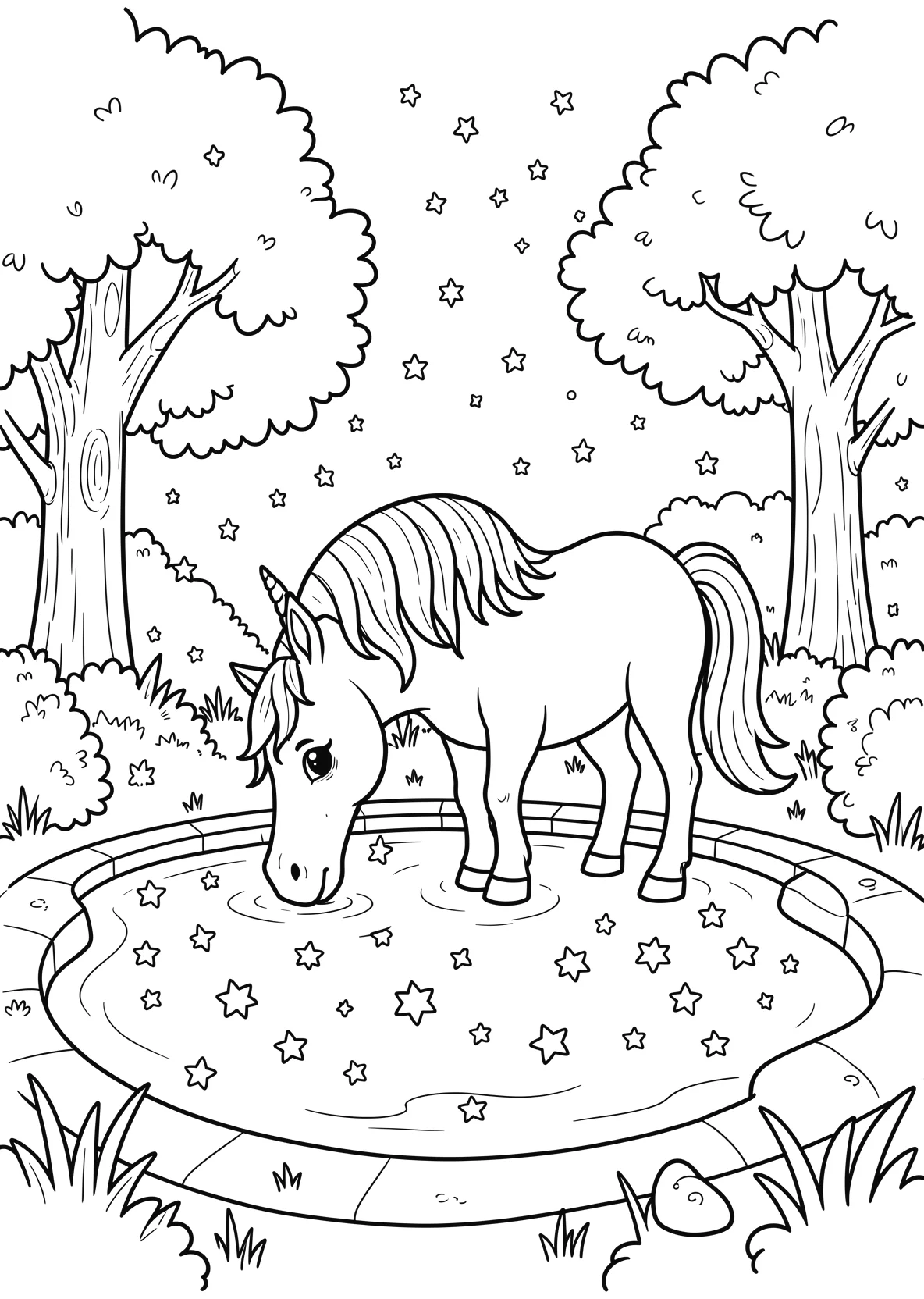 Ausmalbild Einhorn trinkt aus einem magischen See mit Sternen - Ausmalbild aus der Kategorie Maerchen - kostenlos ausdrucken