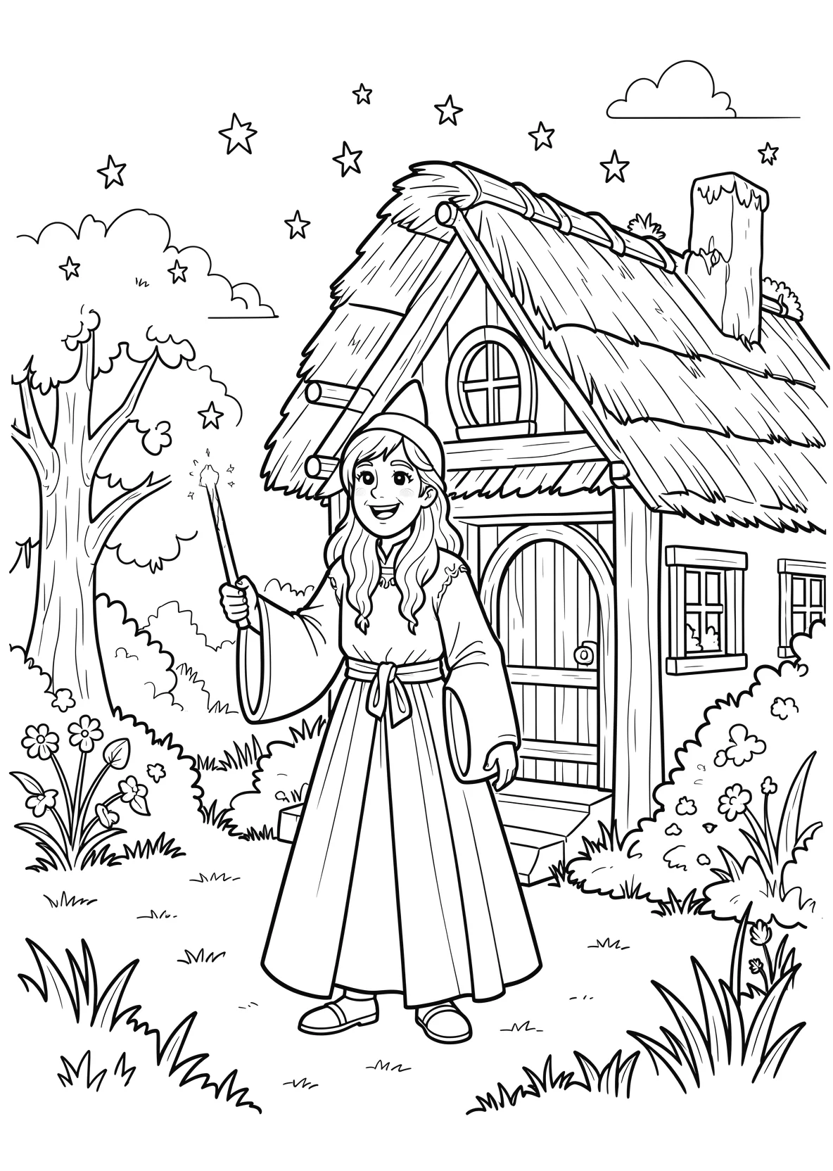 Ausmalbild Zauberer steht vor einer Hütte mit Zauberstab - Ausmalbild aus der Kategorie Maerchen - kostenlos ausdrucken