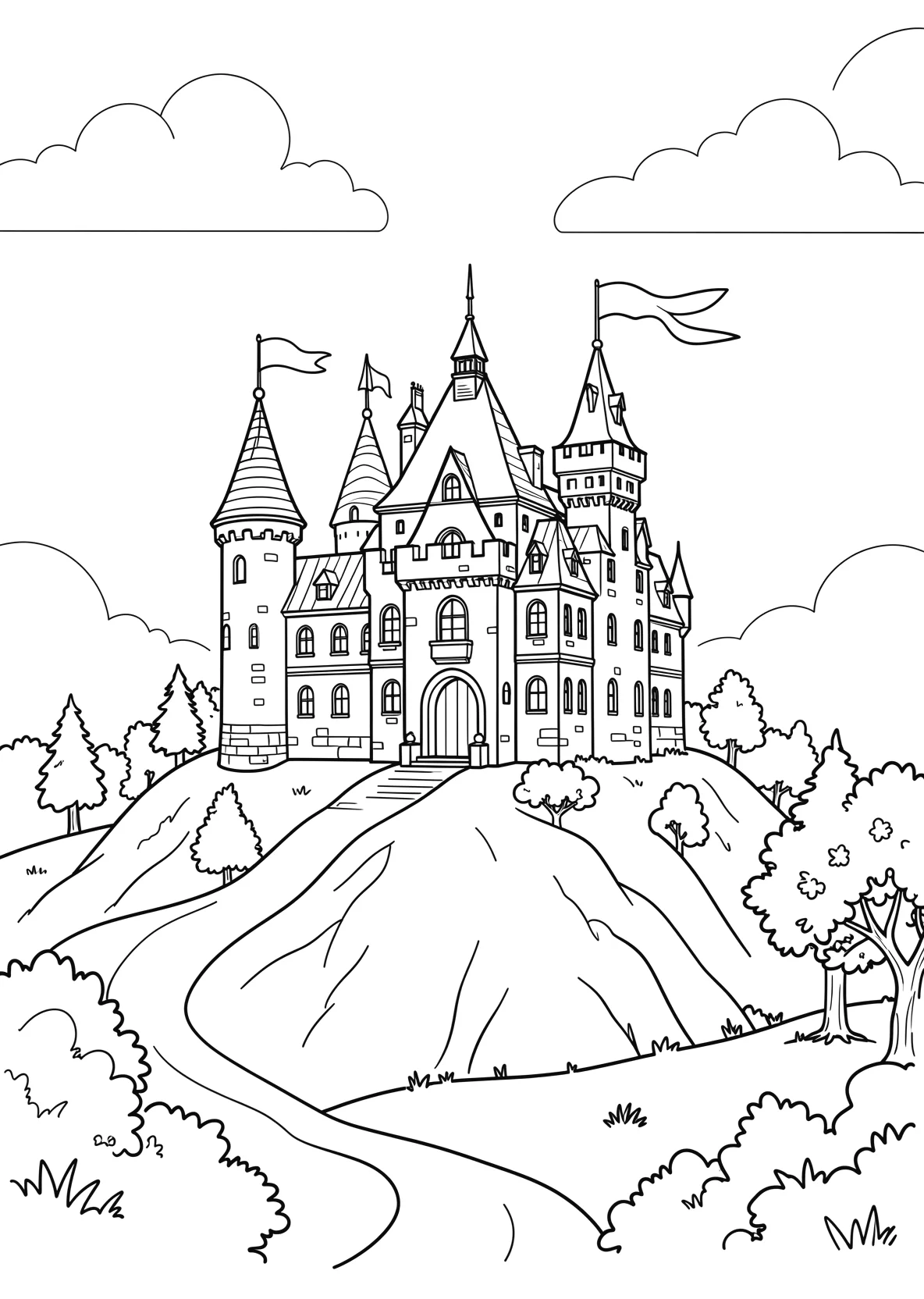 Ausmalbild Schloss auf einem Hügel mit Türmen und Fahnen - Ausmalbild aus der Kategorie Maerchen - kostenlos ausdrucken