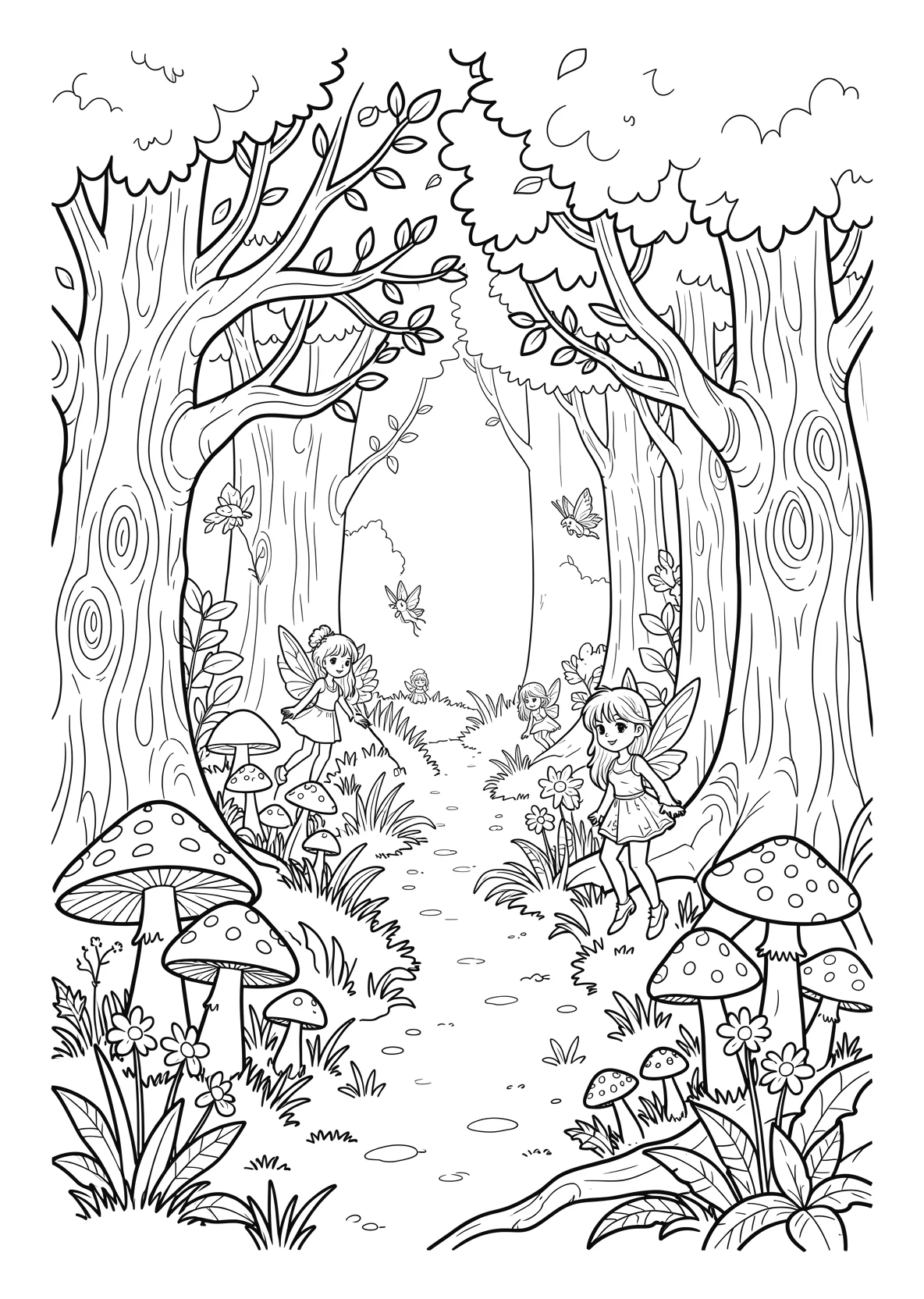 Ausmalbild Zauberwald mit Pilzen - Ausmalbild aus der Kategorie Maerchen - kostenlos ausdrucken