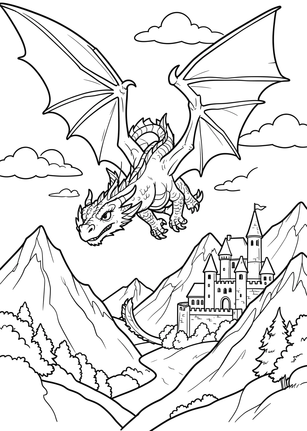 Ausmalbild Drache fliegt über Berge mit Wolken - Ausmalbild aus der Kategorie Maerchen - kostenlos ausdrucken