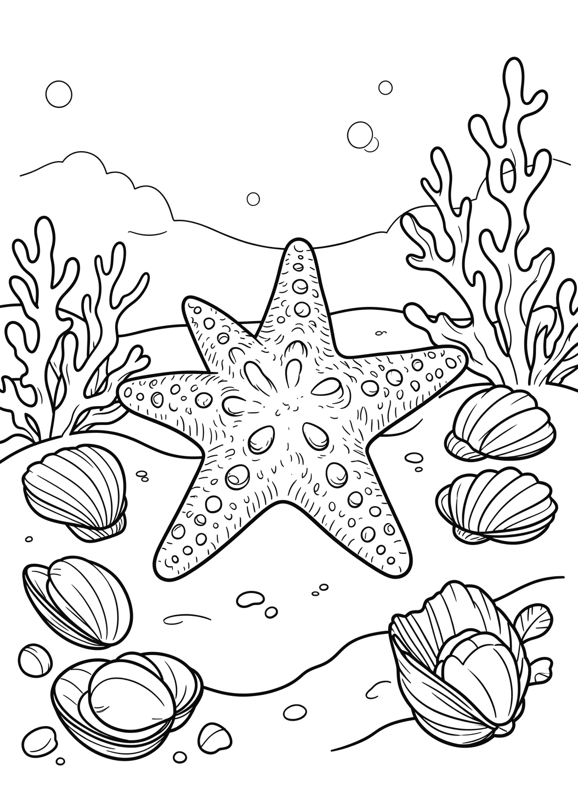 Ausmalbild Seestern liegt auf dem Meeresboden mit Muscheln - Ausmalbild aus der Kategorie Natur - kostenlos ausdrucken