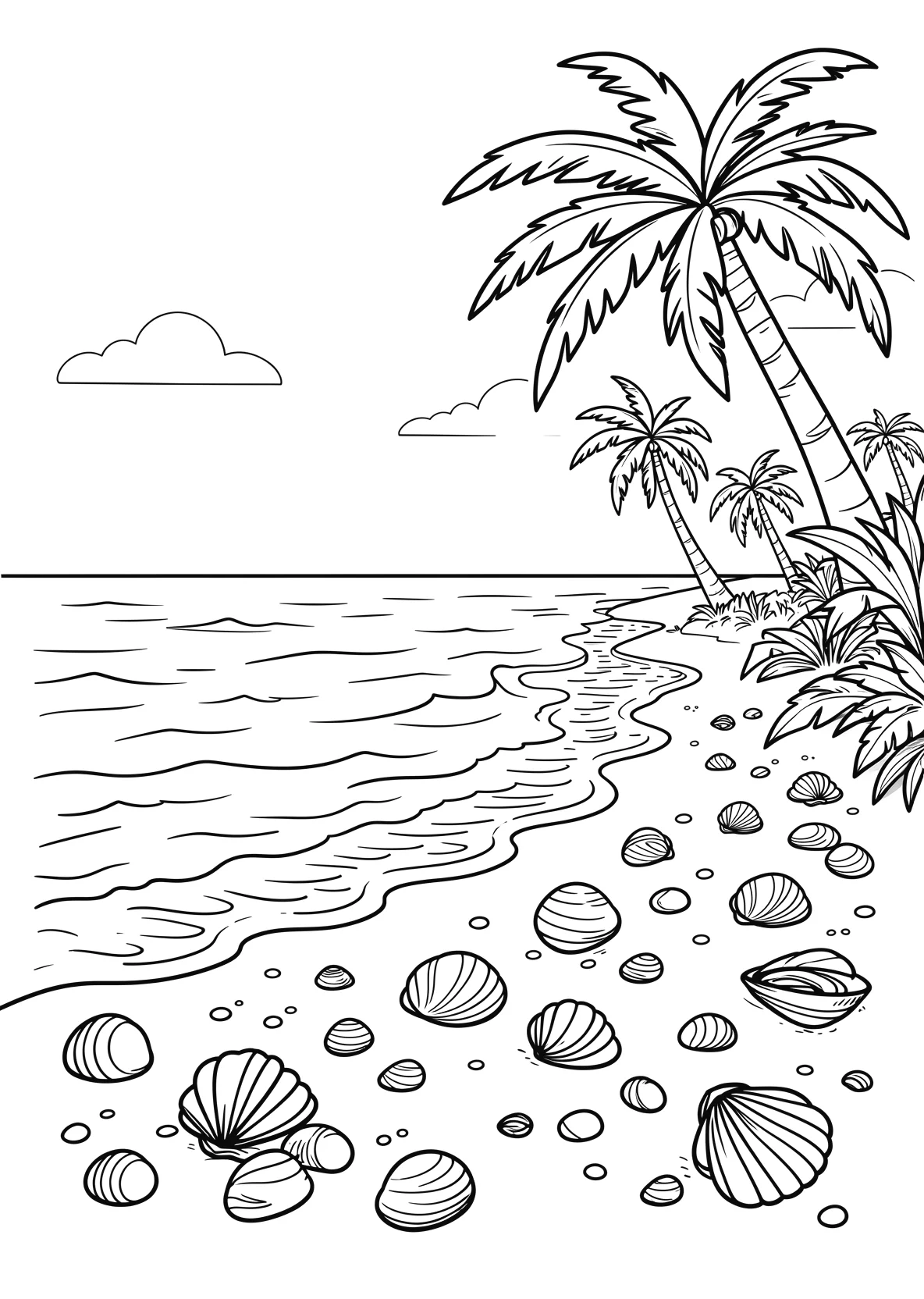Ausmalbild Strand mit Muscheln, Wellen und Palmen - Ausmalbild aus der Kategorie Natur - kostenlos ausdrucken