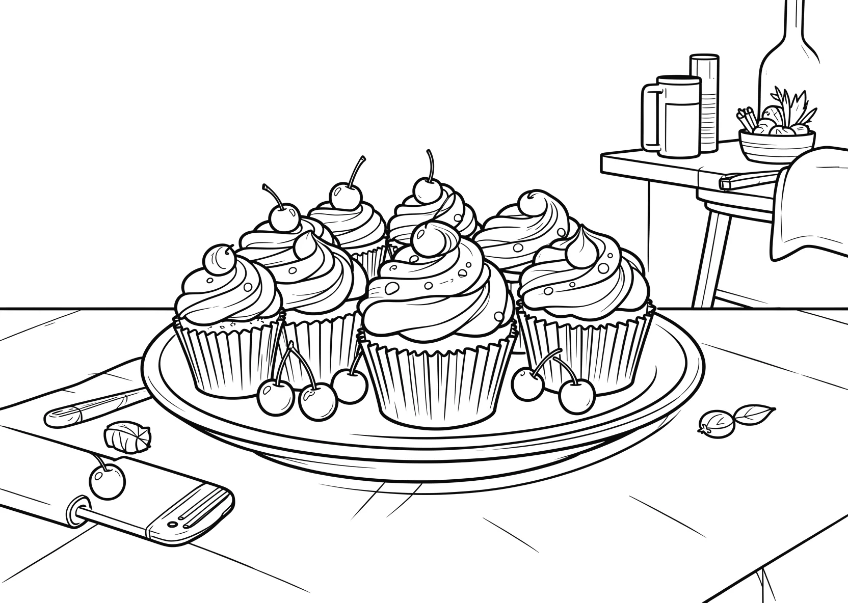 Ausmalbild Teller mit Cupcakes - Ausmalbild aus der Kategorie Essen - kostenlos ausdrucken