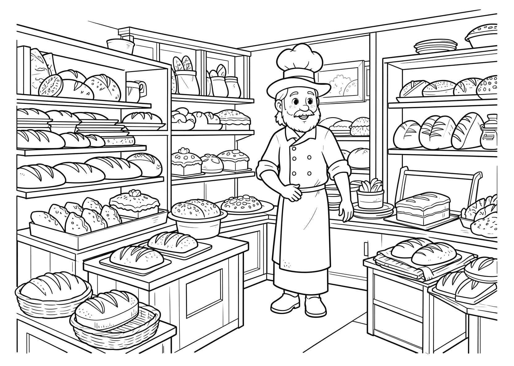 Ausmalbild Bäckerei mit Brot, Kuchen und einem Bäcker - Ausmalbild aus der Kategorie Essen - kostenlos ausdrucken
