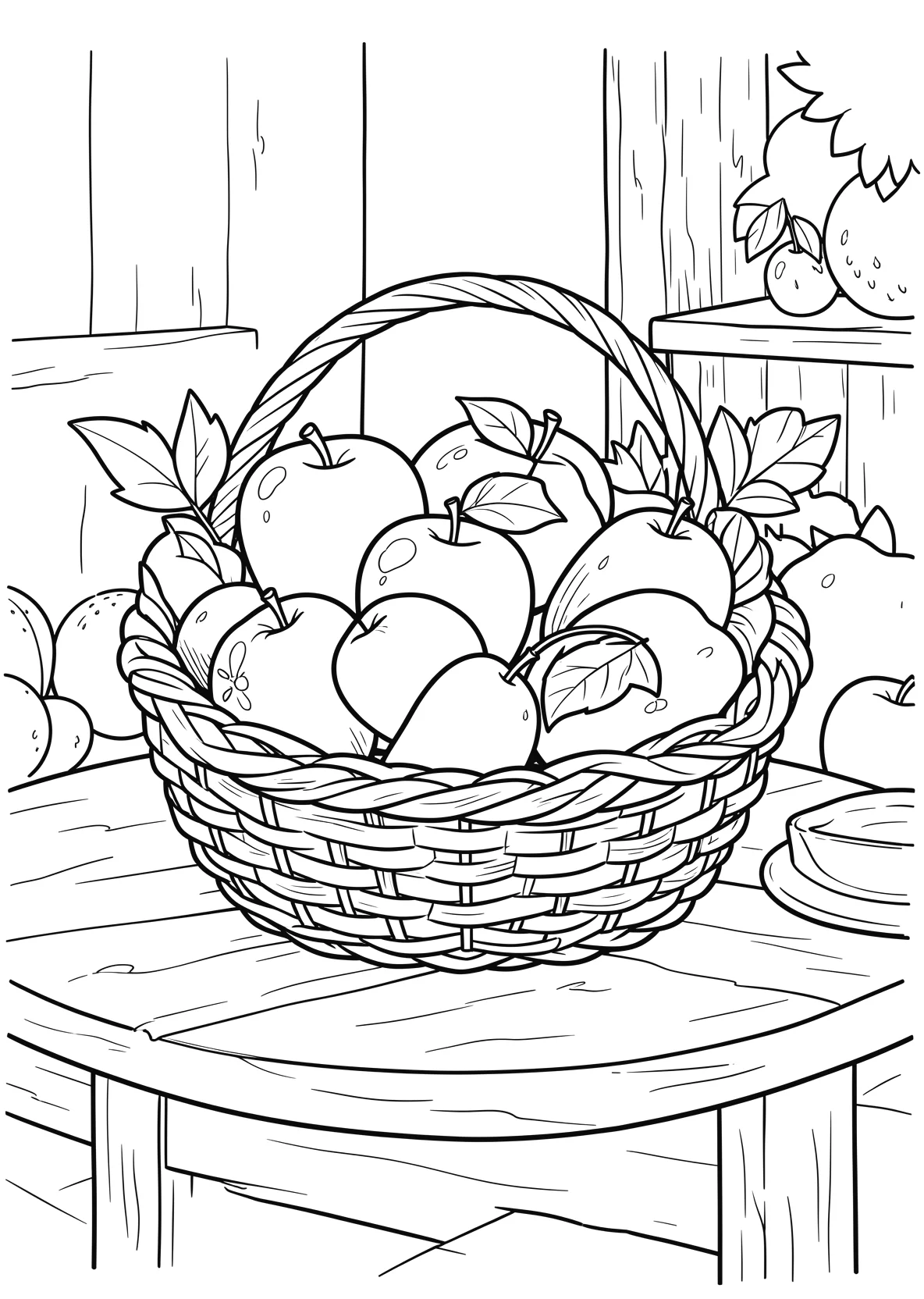 Ausmalbild Korb mit Äpfeln und Birnen auf einem Tisch - Ausmalbild aus der Kategorie Essen - kostenlos ausdrucken