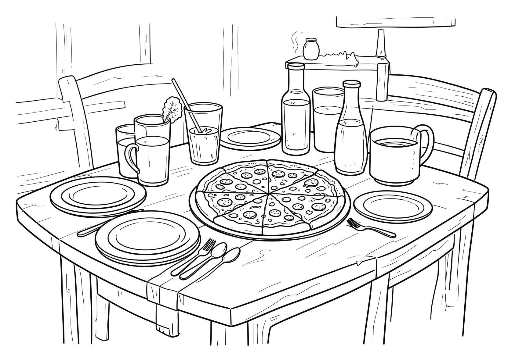 Ausmalbild Tisch mit Pizza, Getränken und Tellern - Ausmalbild aus der Kategorie Essen - kostenlos ausdrucken