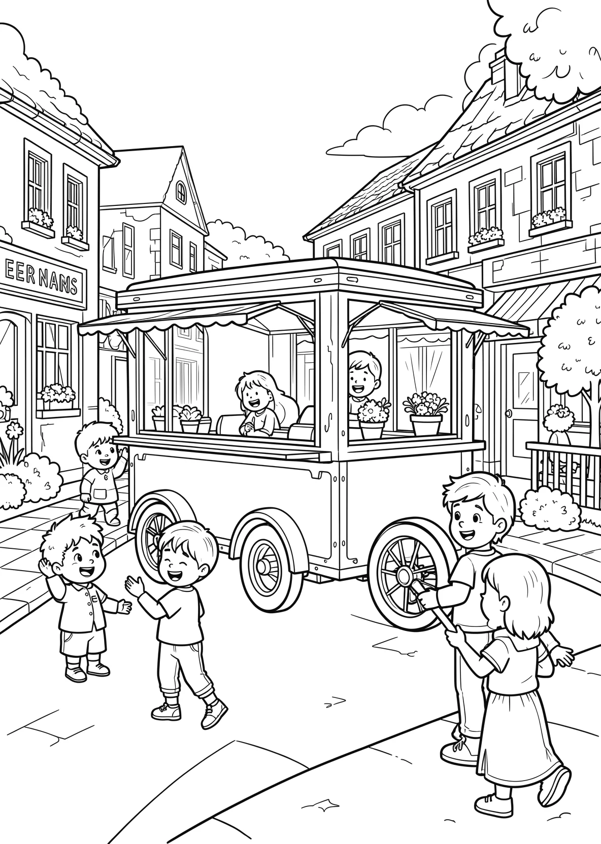 Ausmalbild Eiswagen steht auf einer Straße mit Kindern - Ausmalbild aus der Kategorie Essen - kostenlos ausdrucken