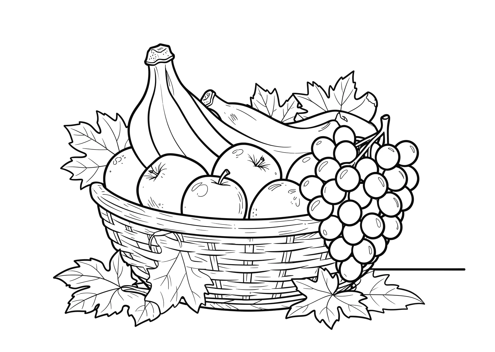 Ausmalbild Obstschale mit Bananen, Äpfeln und Trauben - Ausmalbild aus der Kategorie Essen - kostenlos ausdrucken