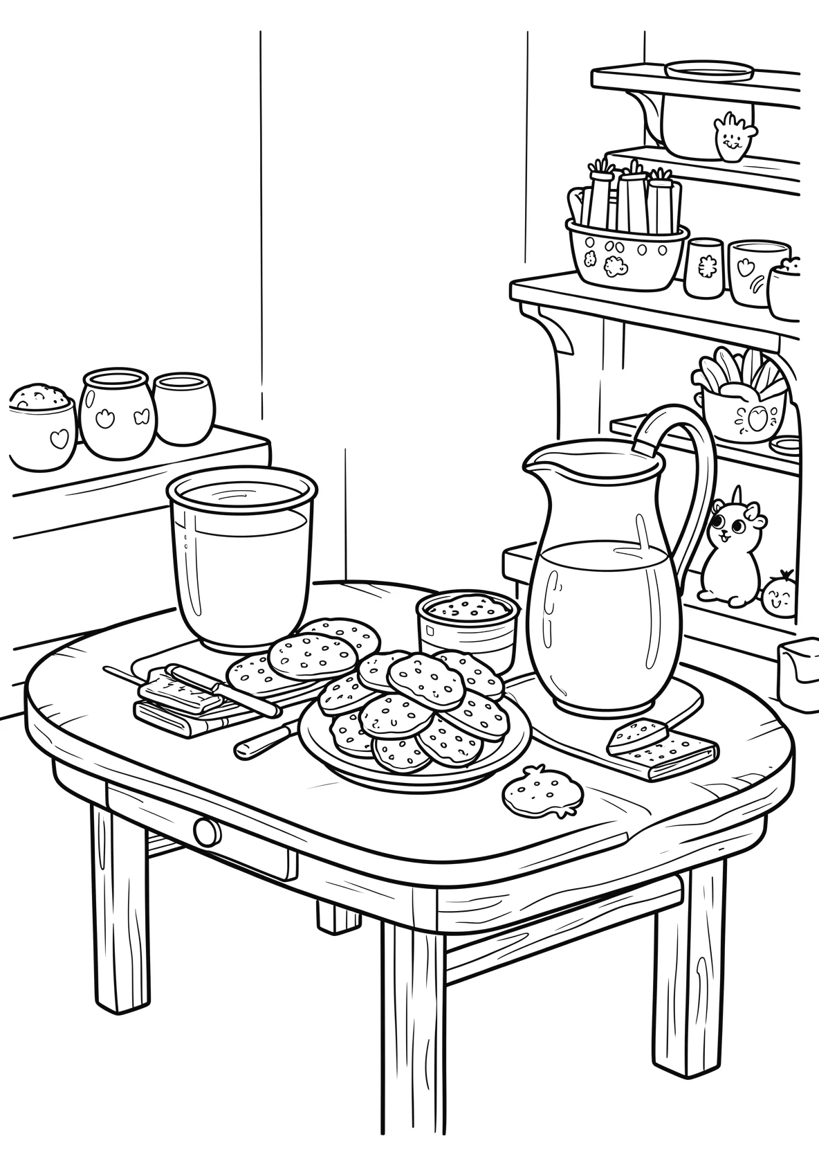 Ausmalbild Tisch mit Keksen und Milch - Ausmalbild aus der Kategorie Essen - kostenlos ausdrucken
