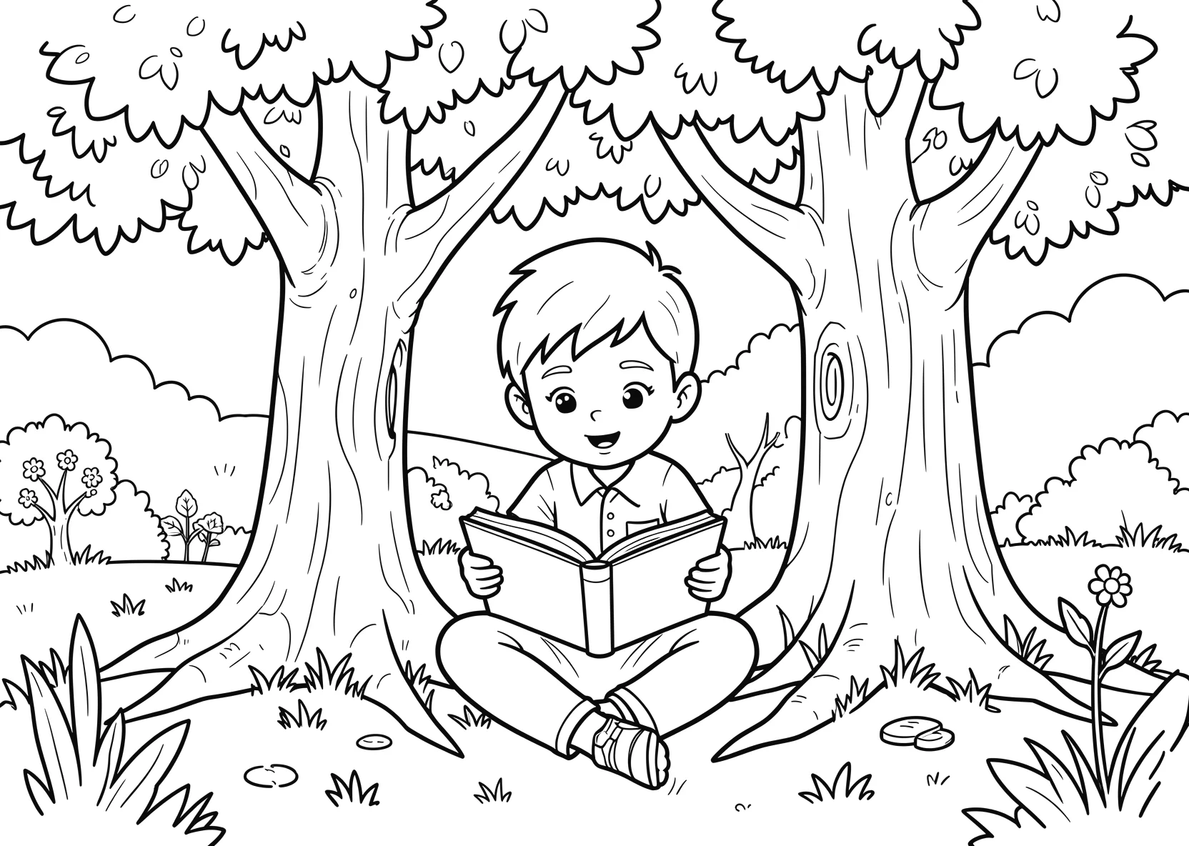 Ausmalbild Kind liest ein Buch unter einem Baum - Ausmalbild aus der Kategorie Natur - kostenlos ausdrucken