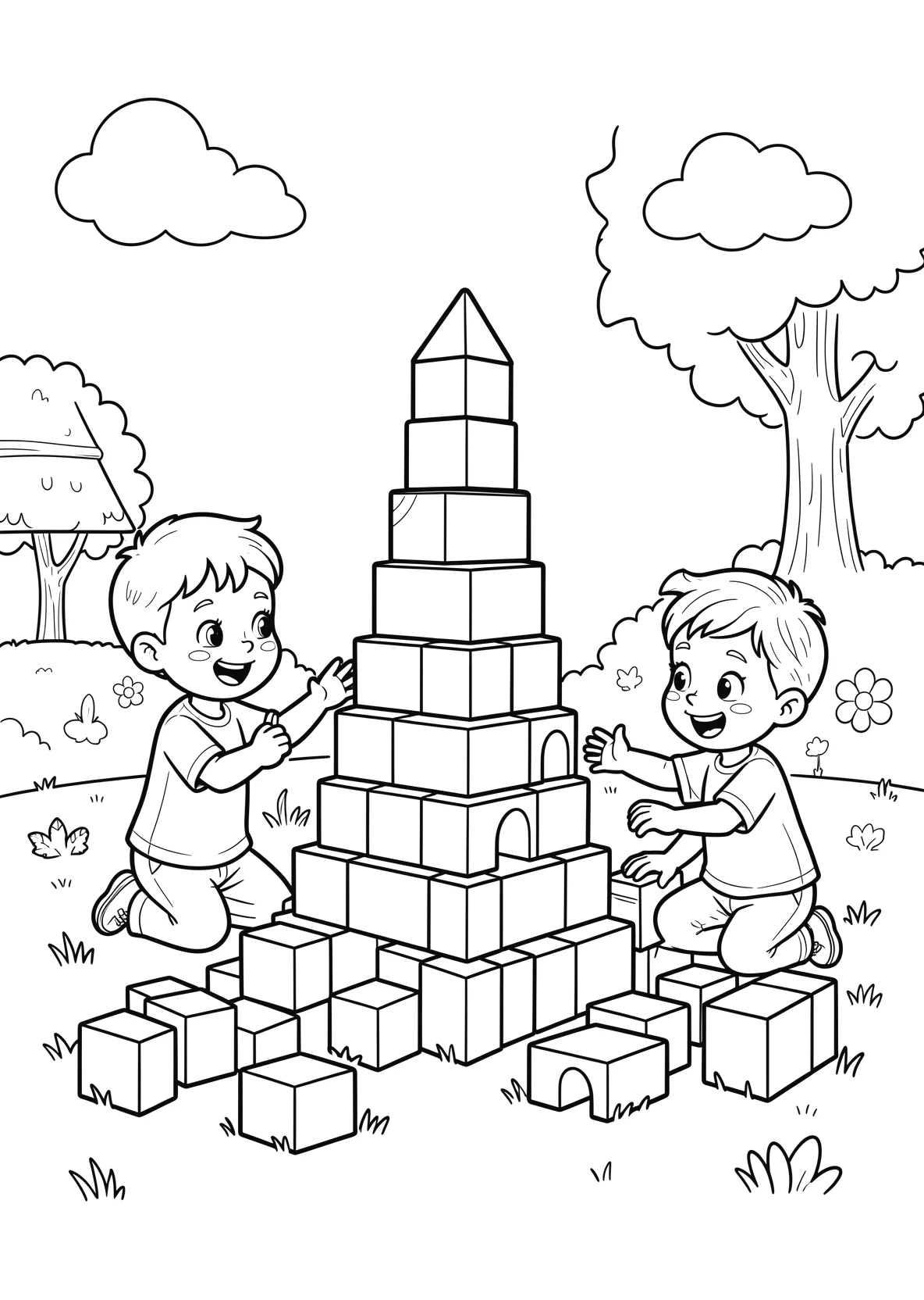 Ausmalbild Kinder bauen einen Turm aus Bausteinen - Ausmalbild aus der Kategorie Maerchen - kostenlos ausdrucken