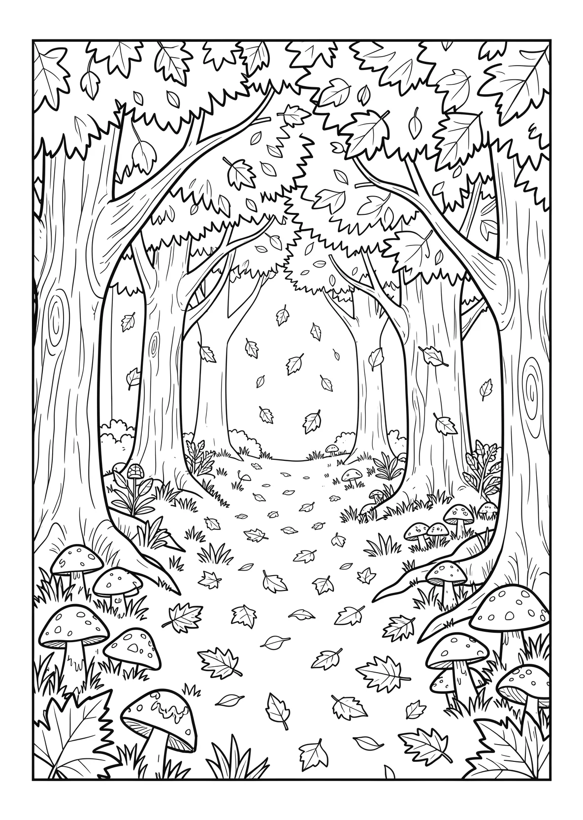 Ausmalbild Herbstwald mit fallenden Blättern - Ausmalbild aus der Kategorie Natur - kostenlos ausdrucken