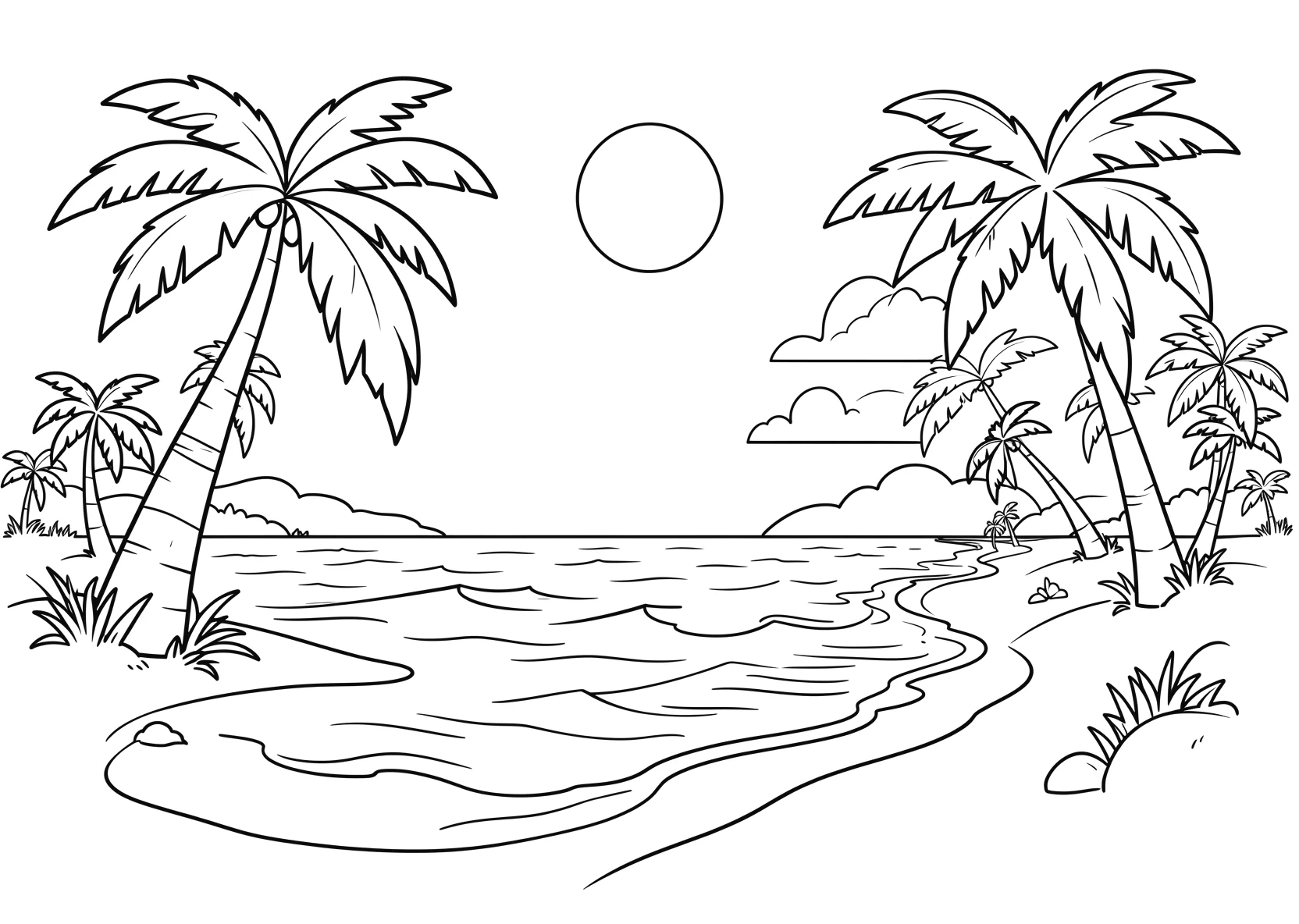 Ausmalbild Sommerstrand mit Palmen, Sonne und Wellen - Ausmalbild aus der Kategorie Natur - kostenlos ausdrucken