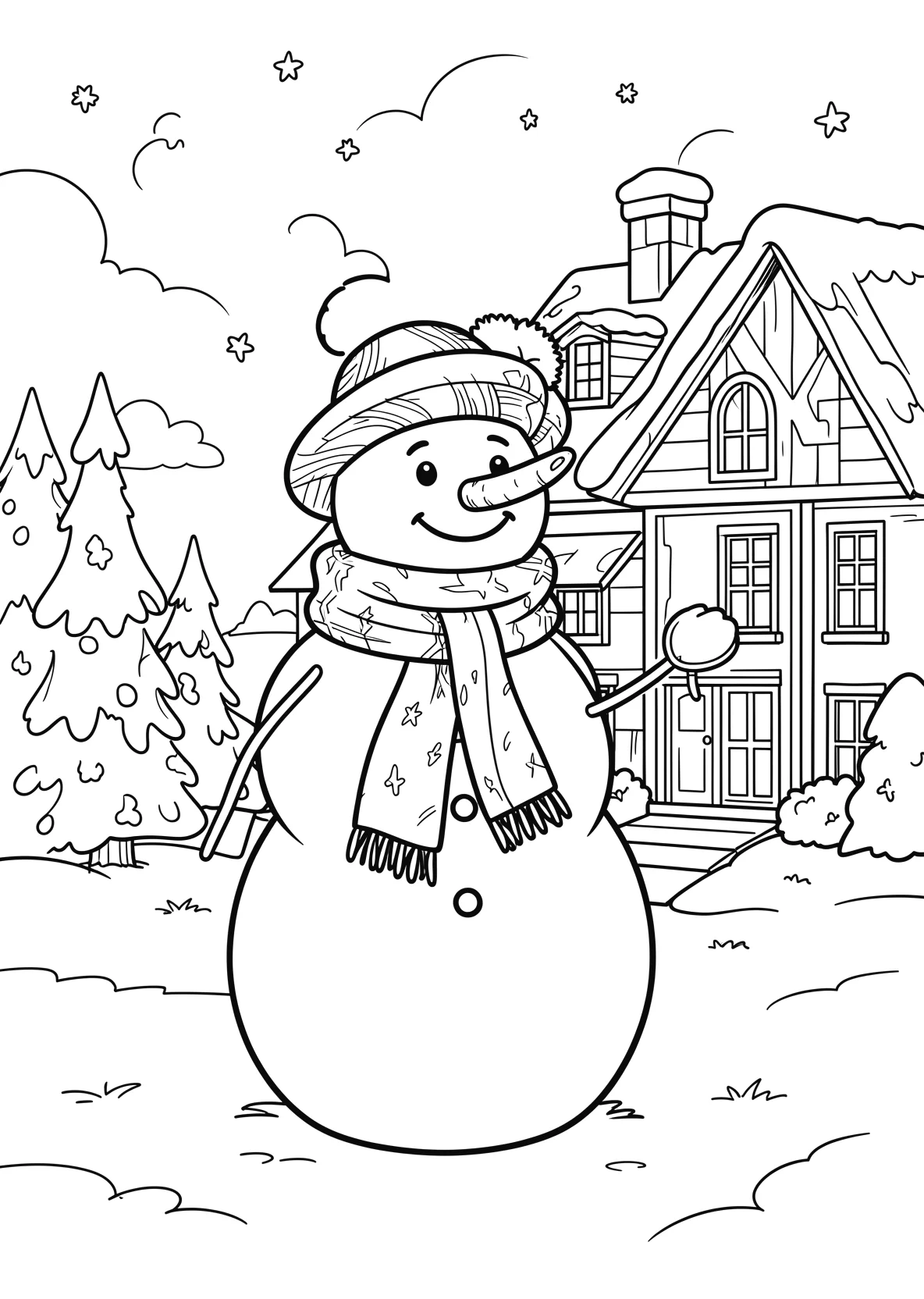 Ausmalbild Schneemann mit Hut und Schal vor einem Haus - Ausmalbild aus der Kategorie Natur - kostenlos ausdrucken