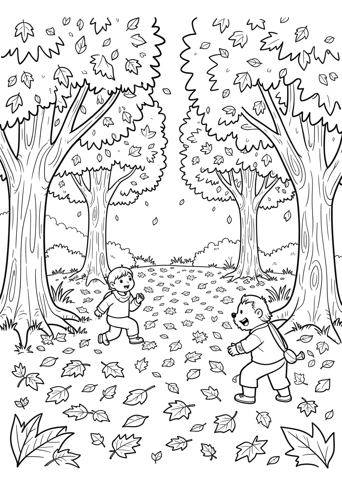 Ausmalbild Kinder spielen im Herbstlaub unter Bäumen - Ausmalbild aus der Kategorie Natur - kostenlos ausdrucken