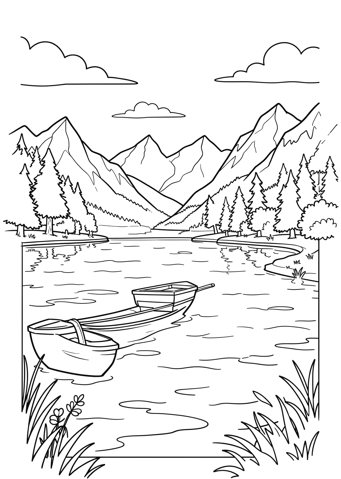 Ausmalbild See im Sommer mit Boot und Bergen - Ausmalbild aus der Kategorie Natur - kostenlos ausdrucken